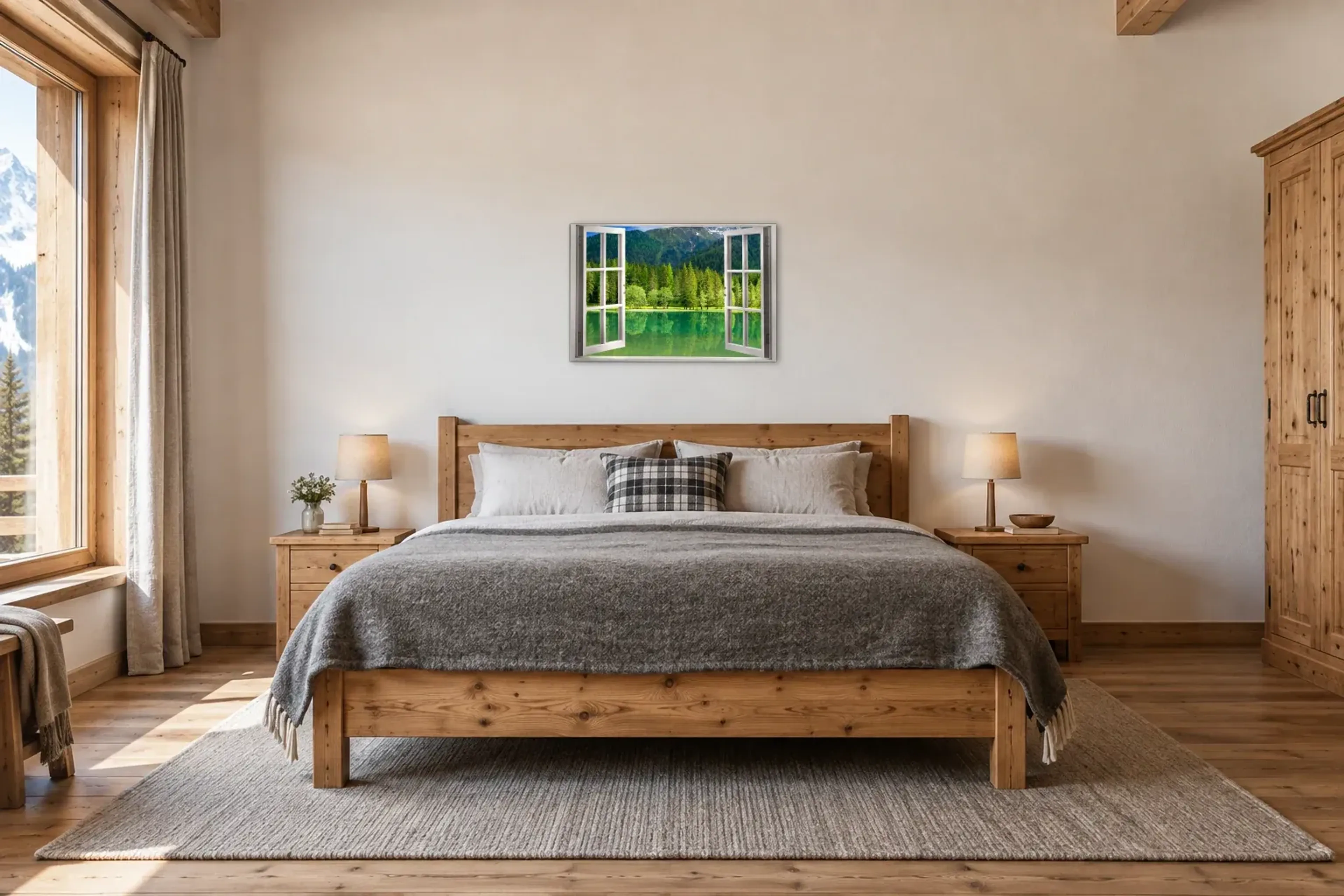 Grüner See im Gebirge als Wandbild über einem 180-cm-Bett