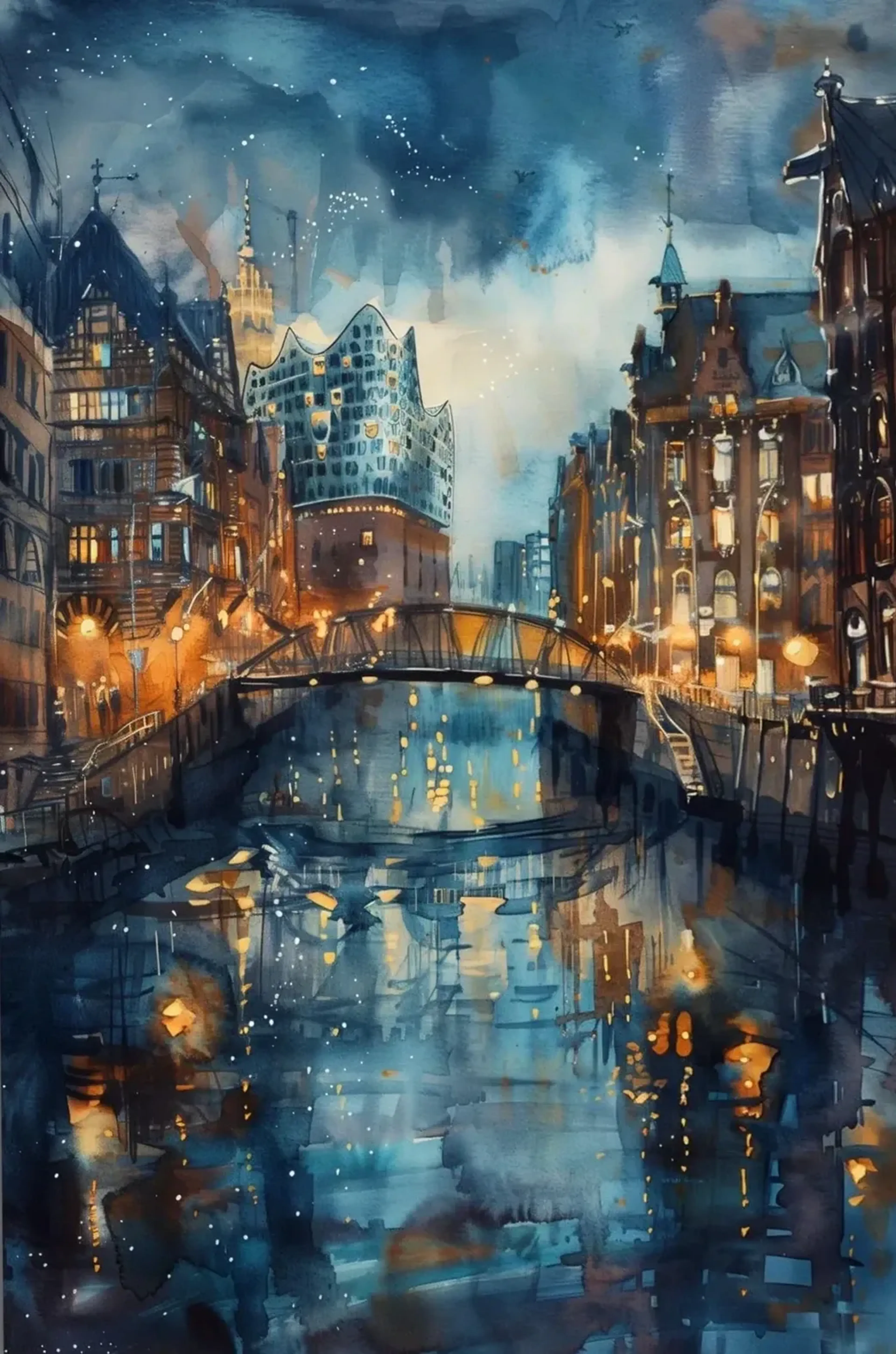 Bogenbrücke über einem Hamburger Fleet mit hohen Häusern und goldgelben Lichtspiegelungen im blauen Wasser.