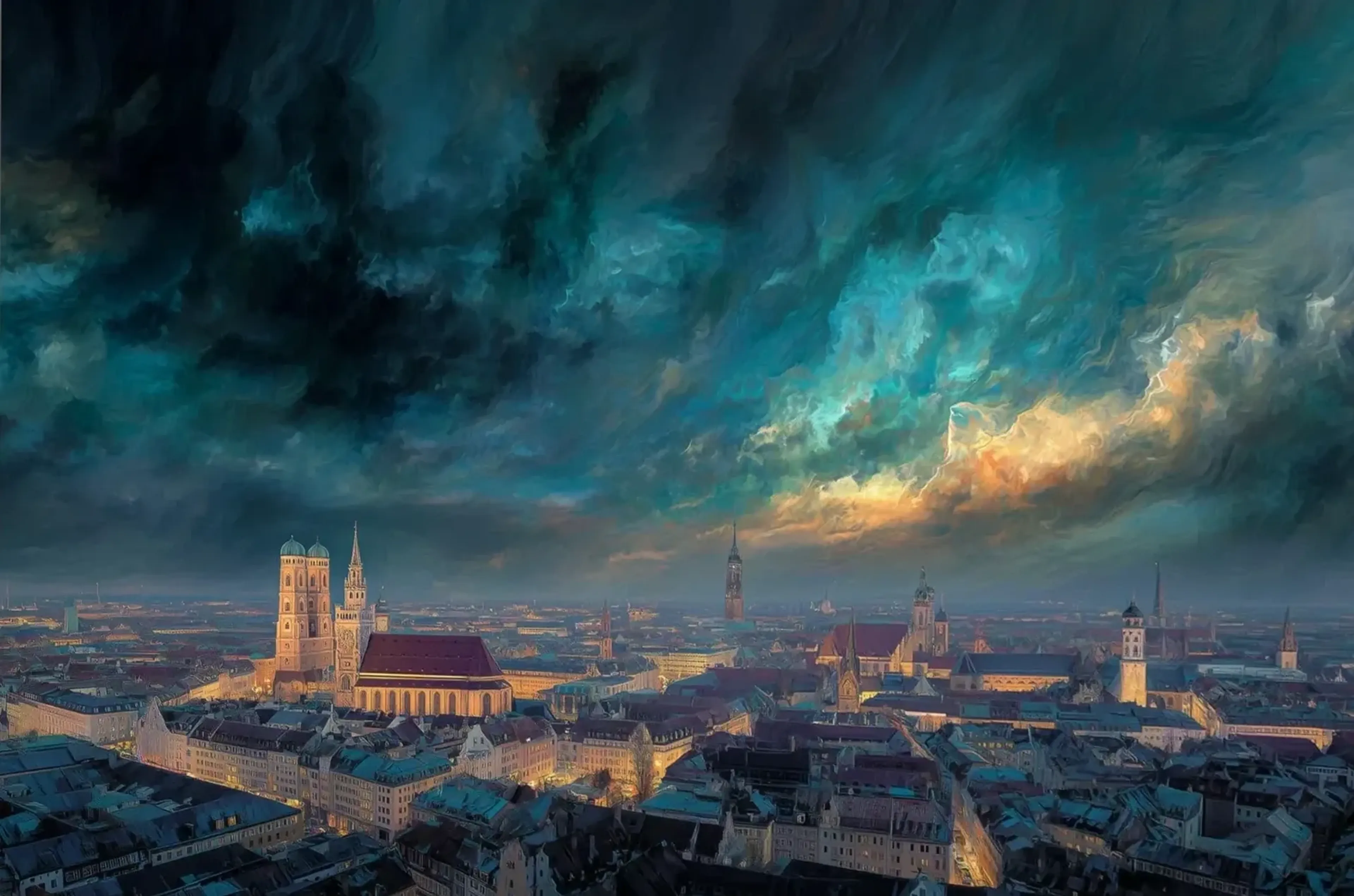 München im Wolkenlicht – Motiv als Wandbild auf Holz
