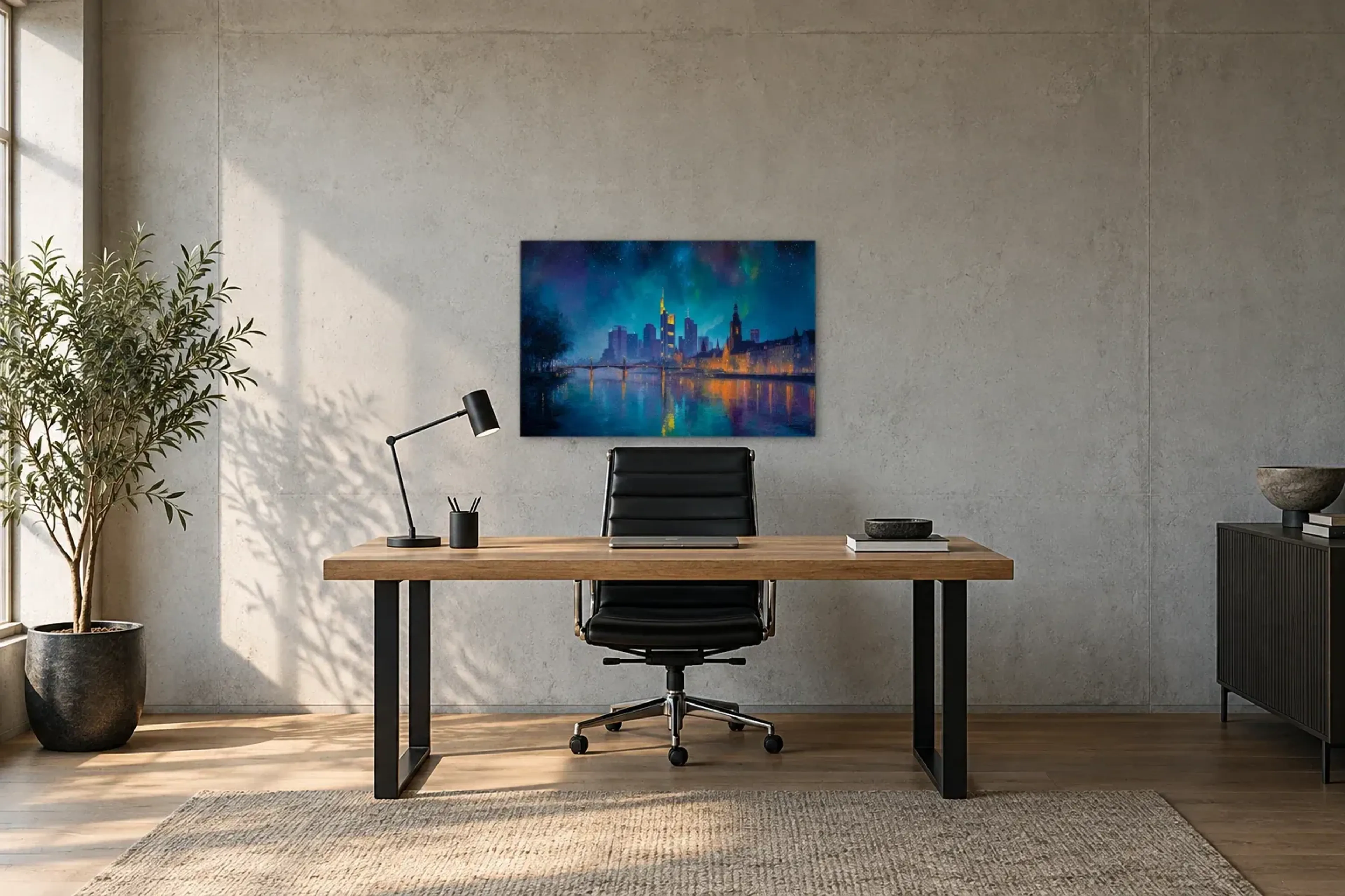 Frankfurter Nachtlichter als Wandbild über einem 160-cm-Schreibtisch