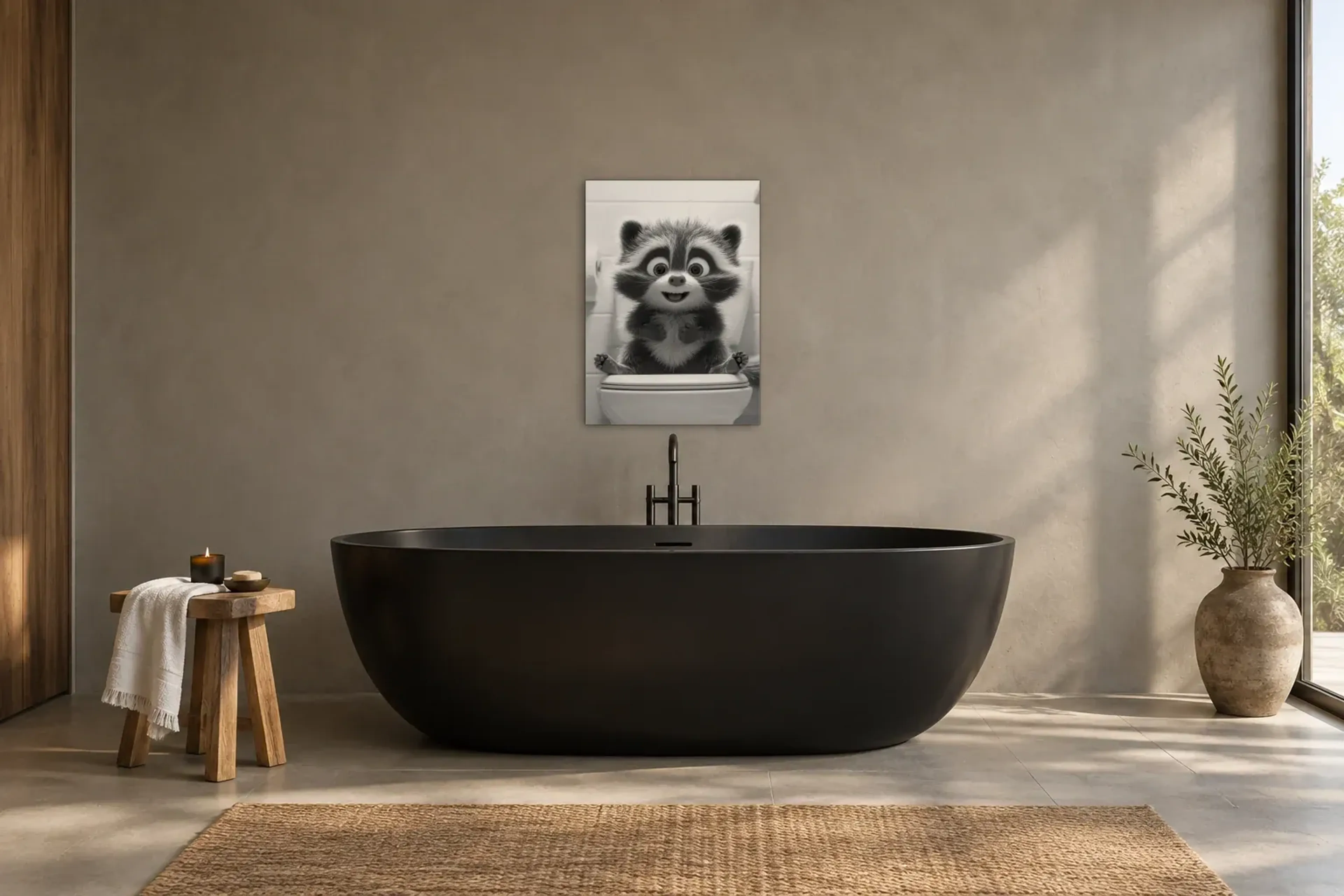 Waschbär auf Toilette als Wandbild über einer 170-cm-Badewanne