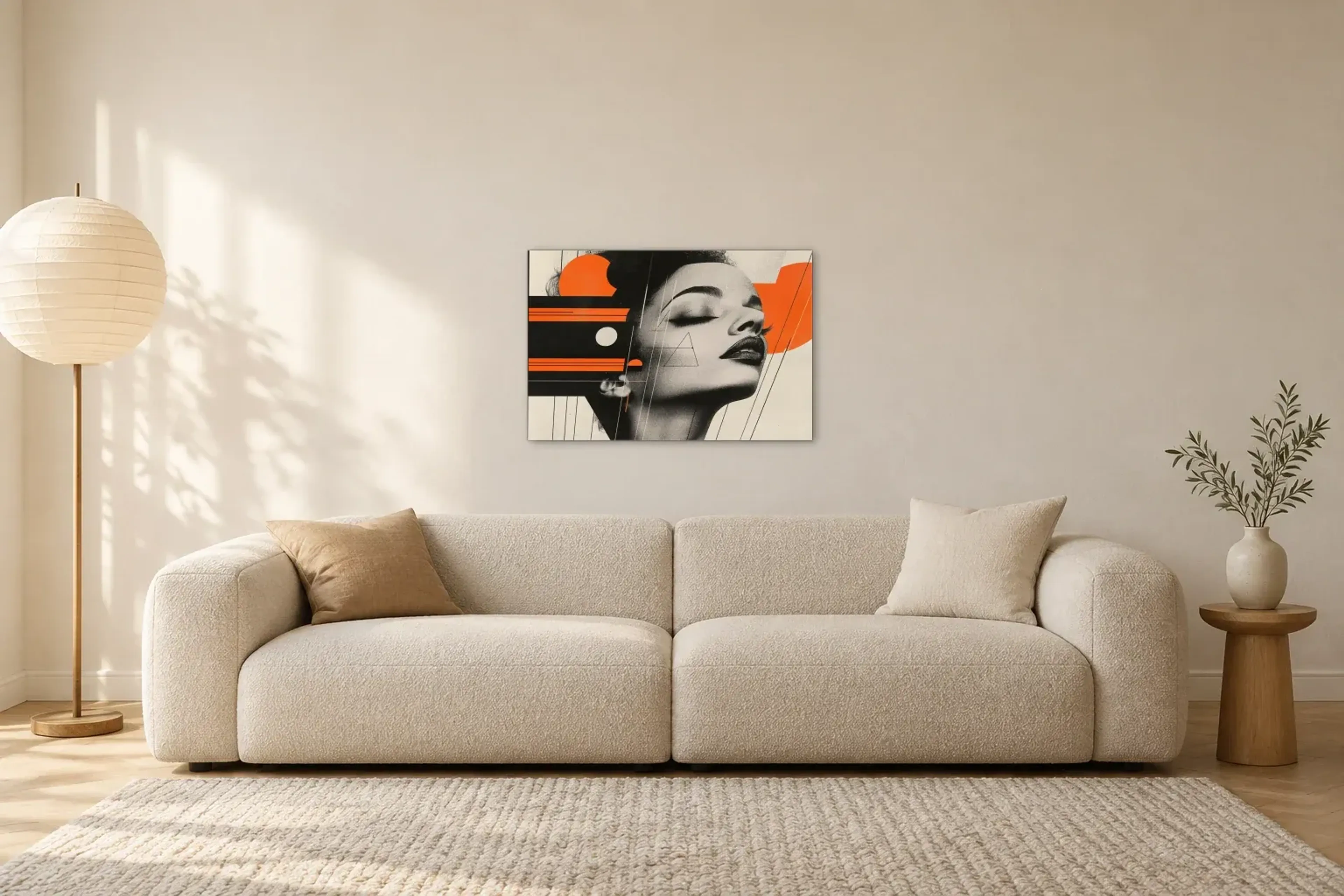 Frauenporträt mit Orange als Wandbild über einem 230-cm-Sofa