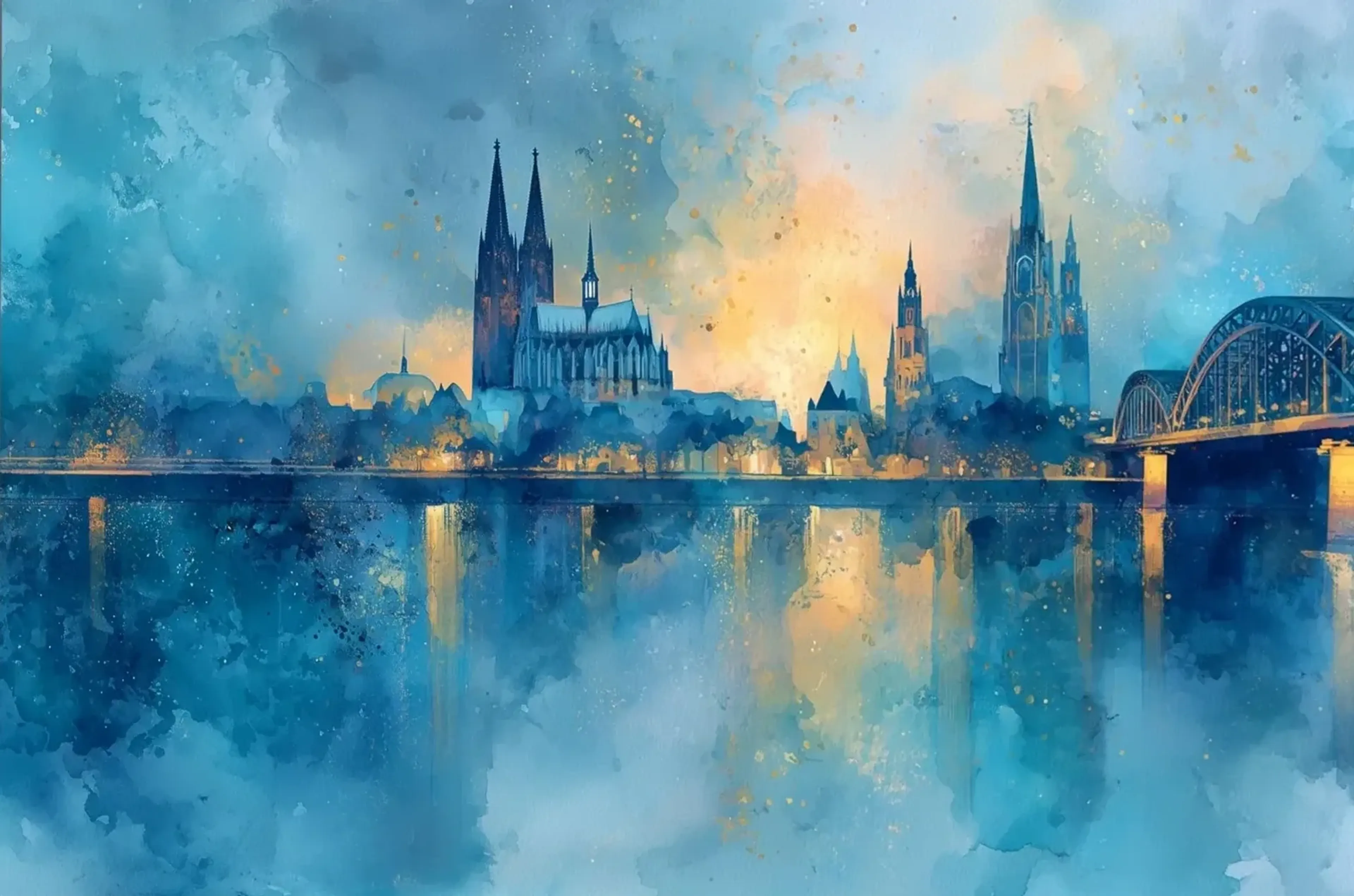 Kölner Stadtsilhouette mit Dom und Brücke in weichen Blautönen, warmem Himmelslicht und Spiegelungen im Wasser.