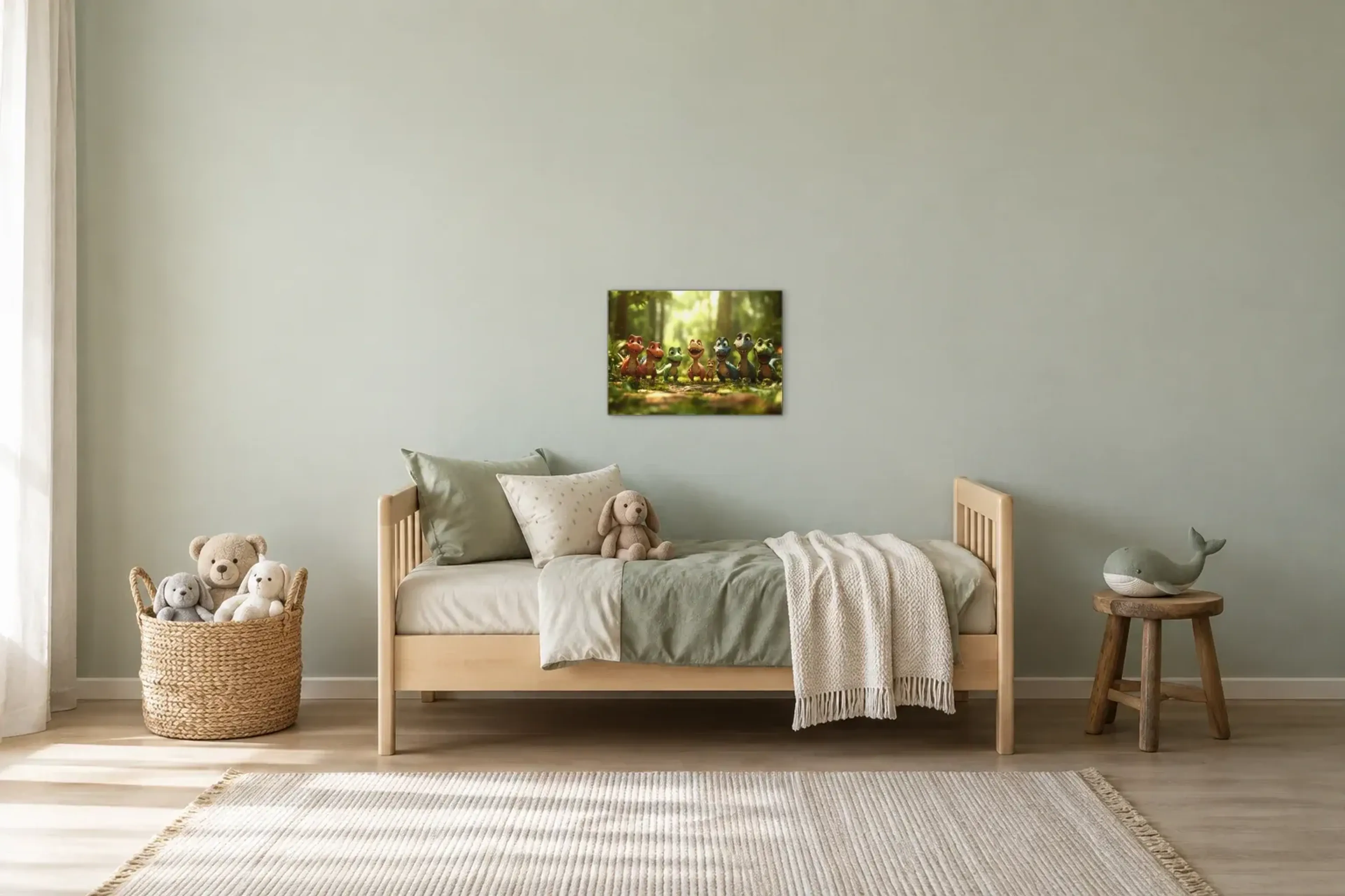 Dinofreunde im Waldlicht als Wandbild über einem 200-cm-Kinderbett