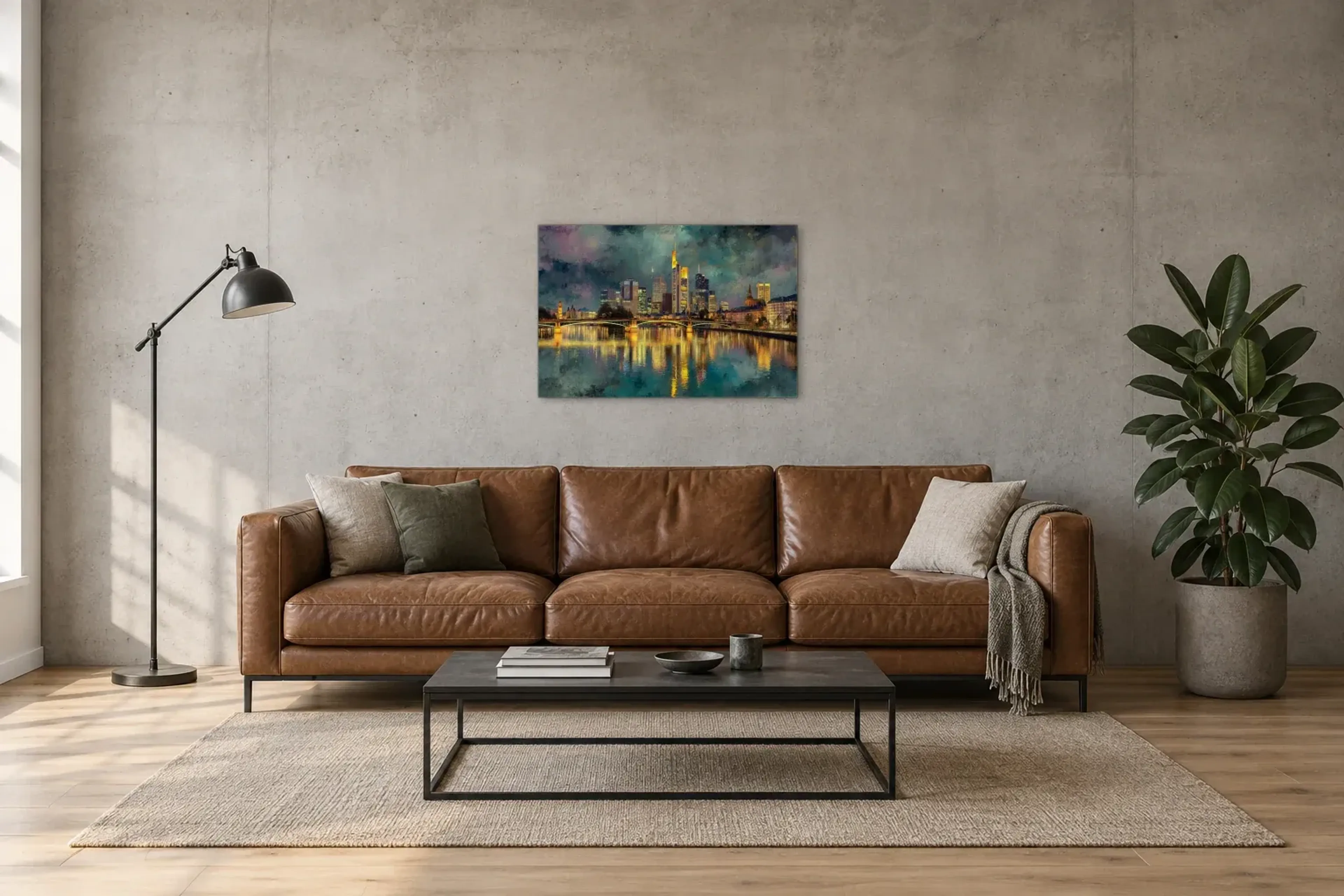 Goldene Lichter am Main als Wandbild über einem 220-cm-Sofa