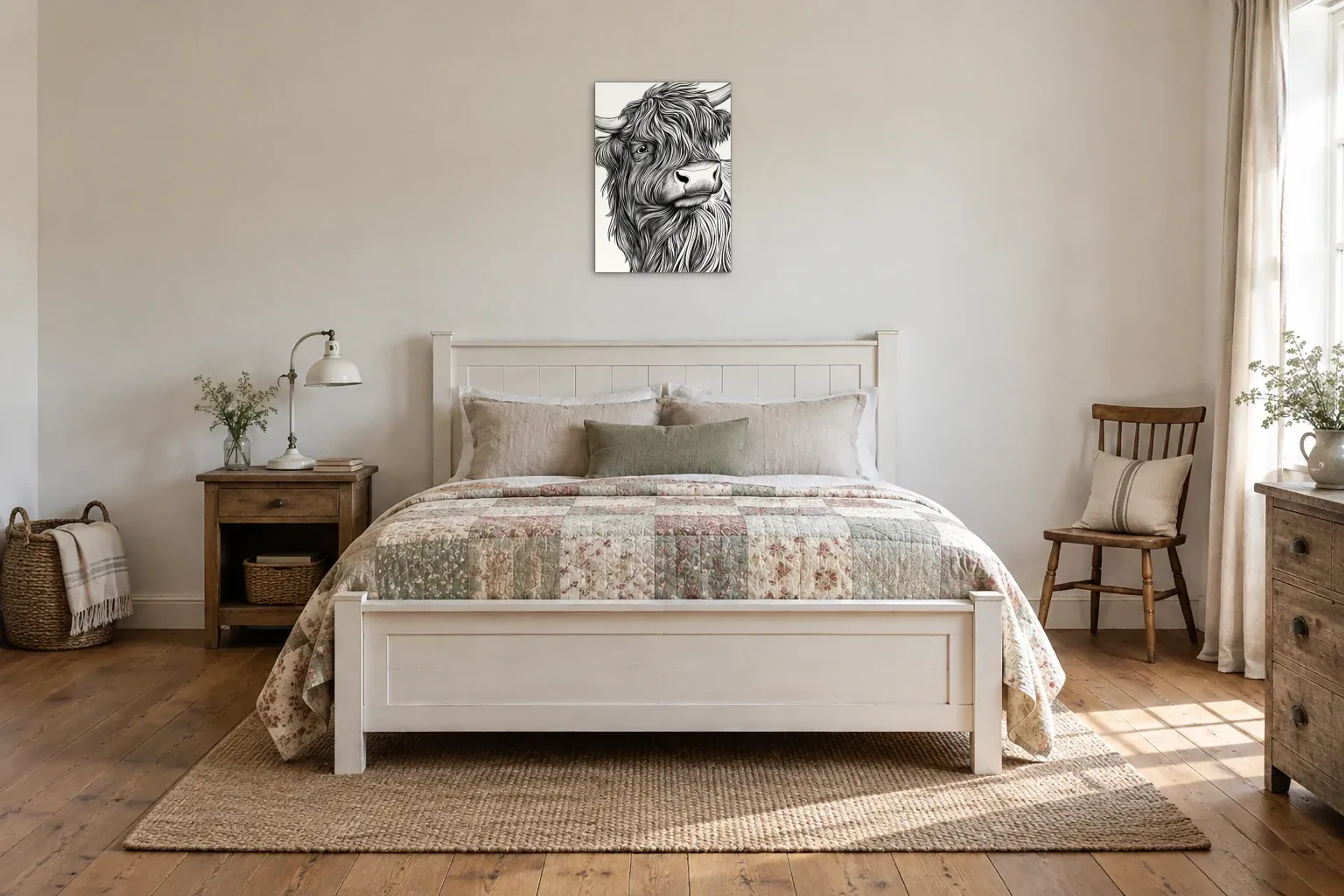 Hochlandrind in Schwarzweiß als Wandbild über einem 160-cm-Bett