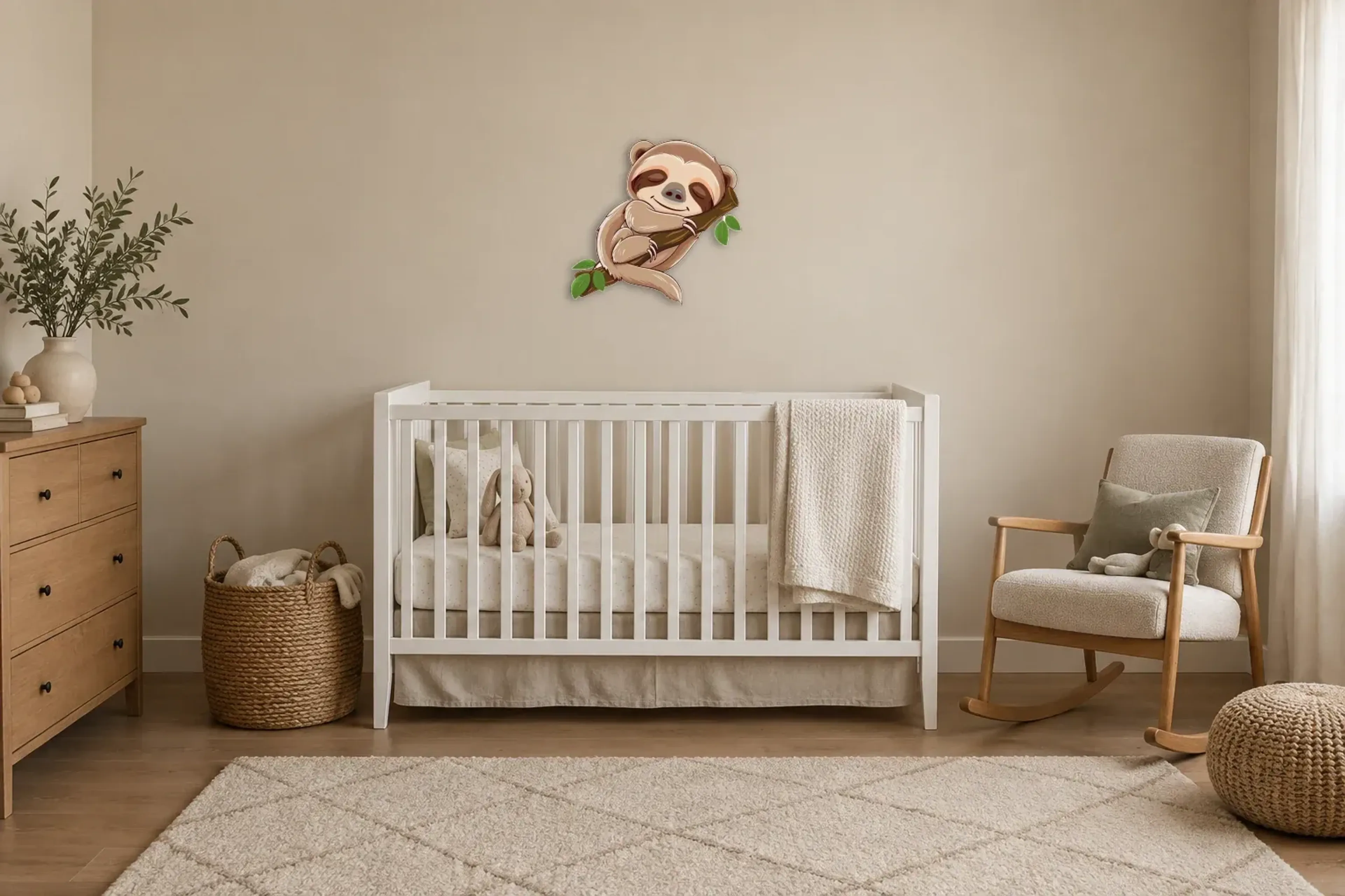 Schlummerndes Faultier als Wandbild über einem 130-cm-Babybett