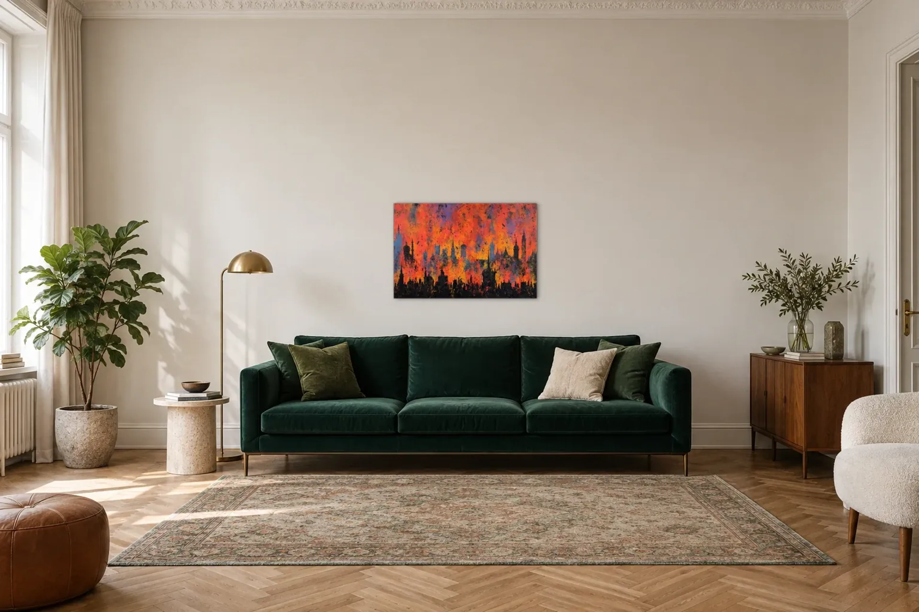 Münchner Silhouetten in Orange als Wandbild über einem 220-cm-Sofa