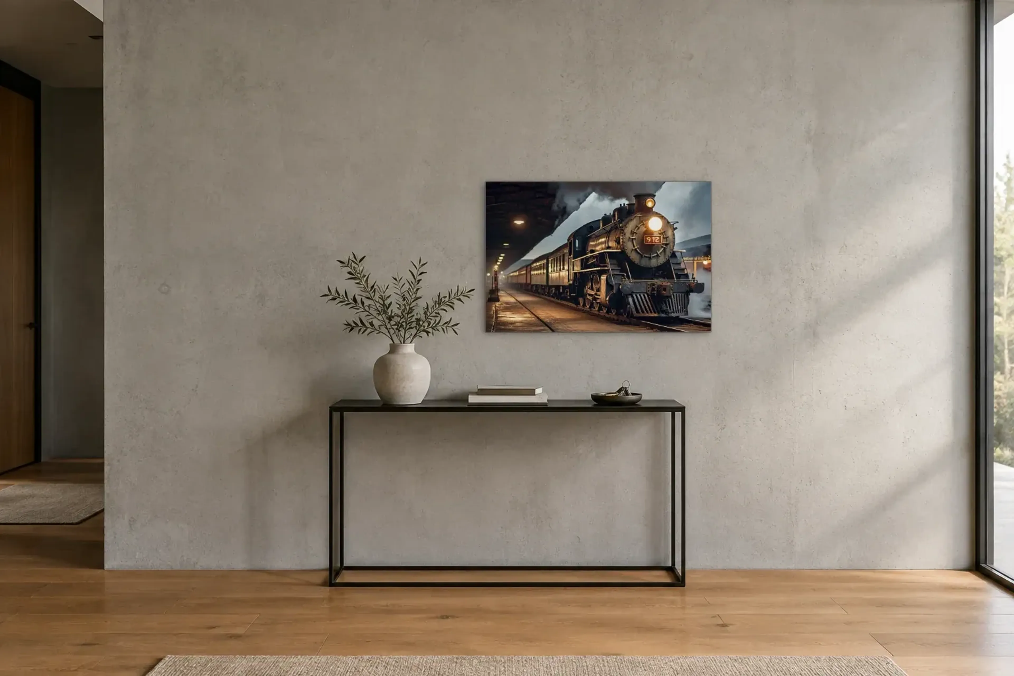 Dampflok am Bahnsteig als Wandbild über einer 120-cm-Konsole