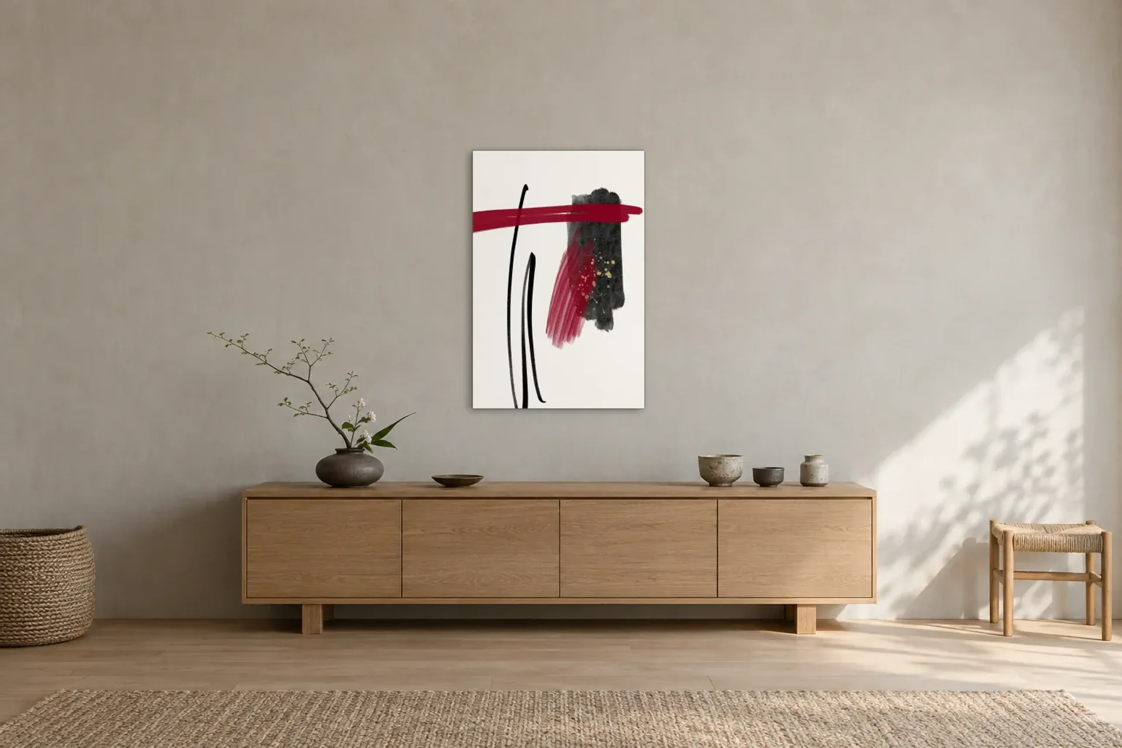 Rot trifft Kohlegrau als Wandbild über einem 180-cm-Sideboard
