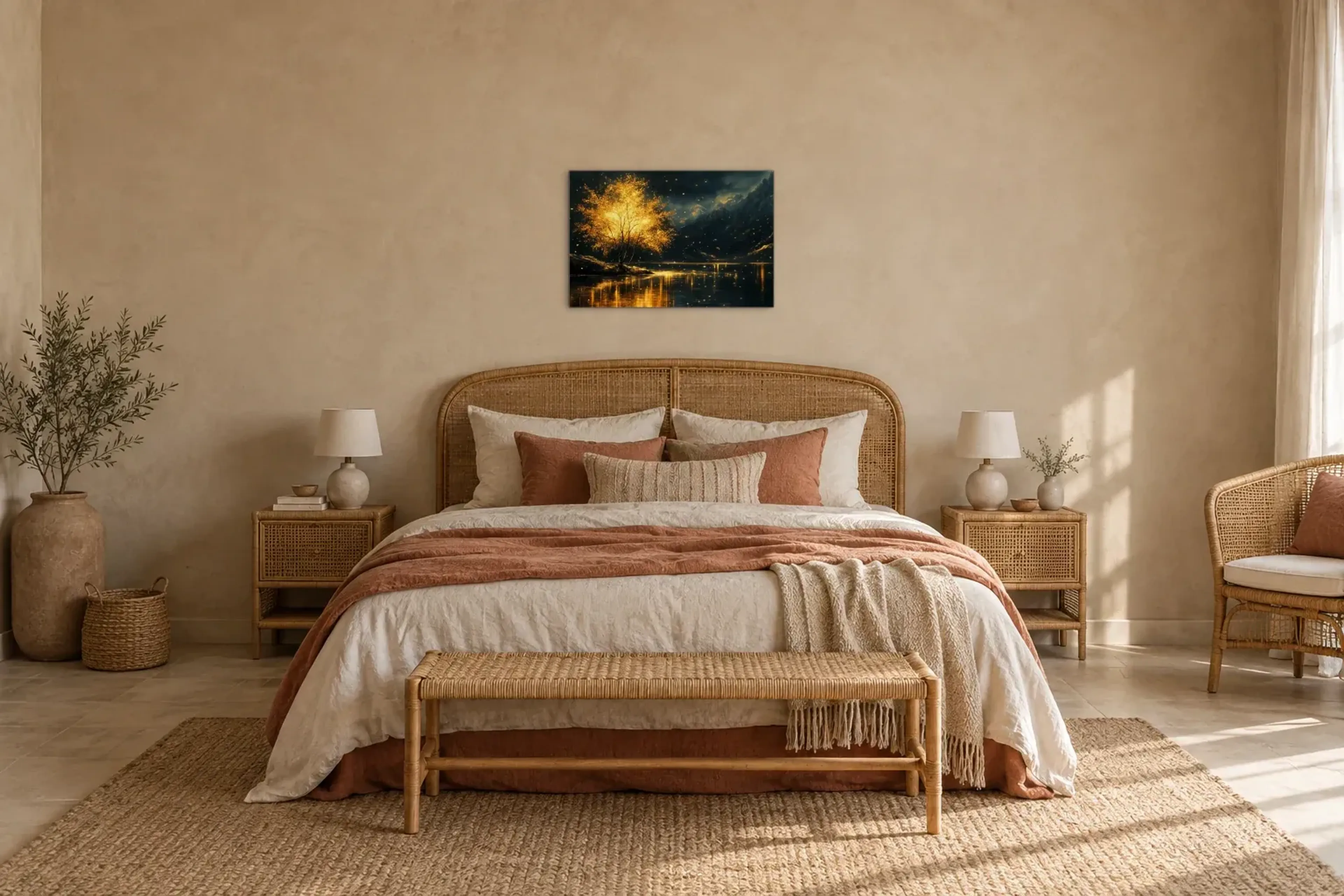 Baum des Feuers als Wandbild über einem 180-cm-Bett