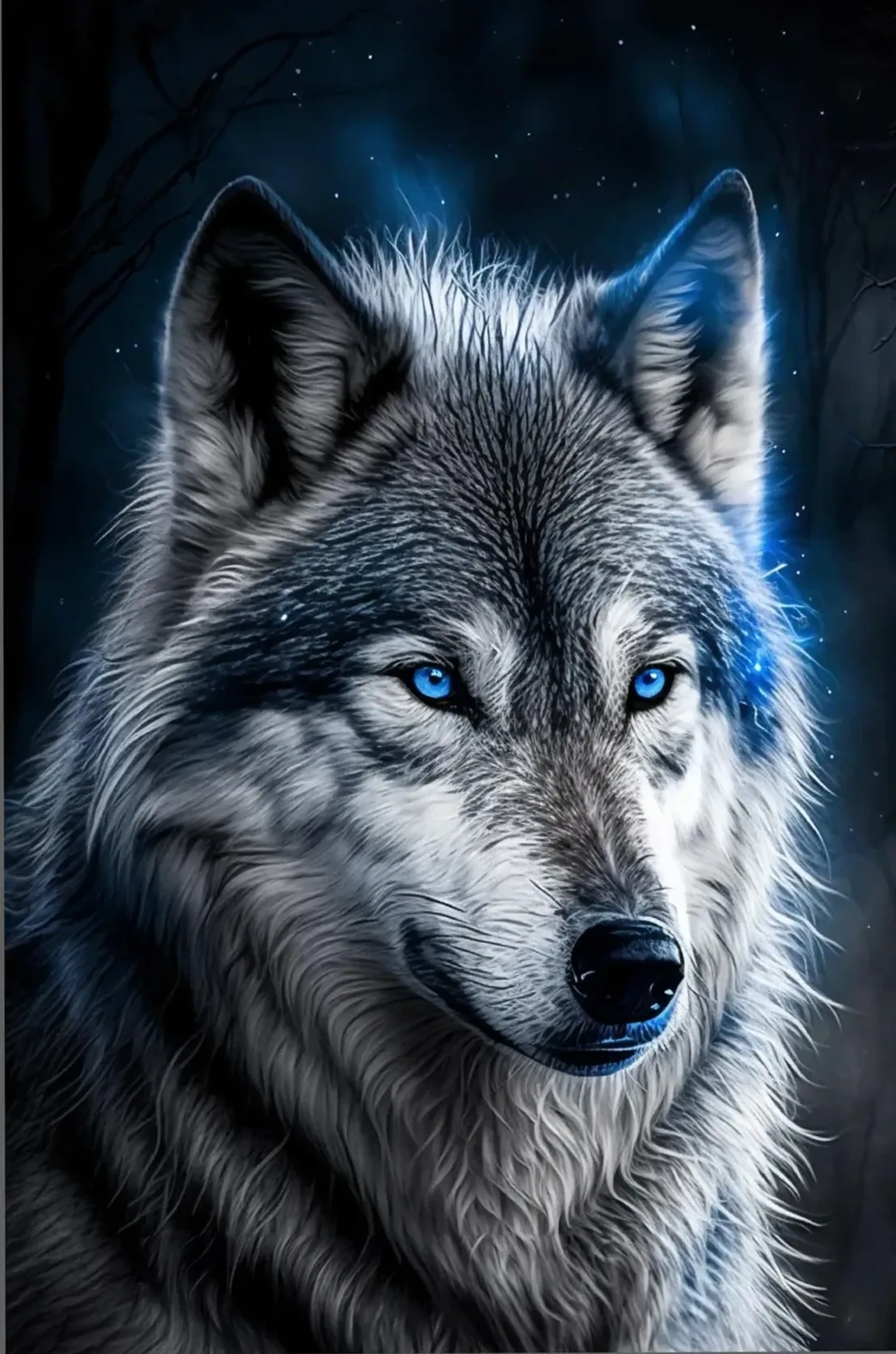 Nahes Porträt eines grauen Wolfs mit leuchtend blauen Augen und blauem Lichtsaum vor dunklem Hintergrund.