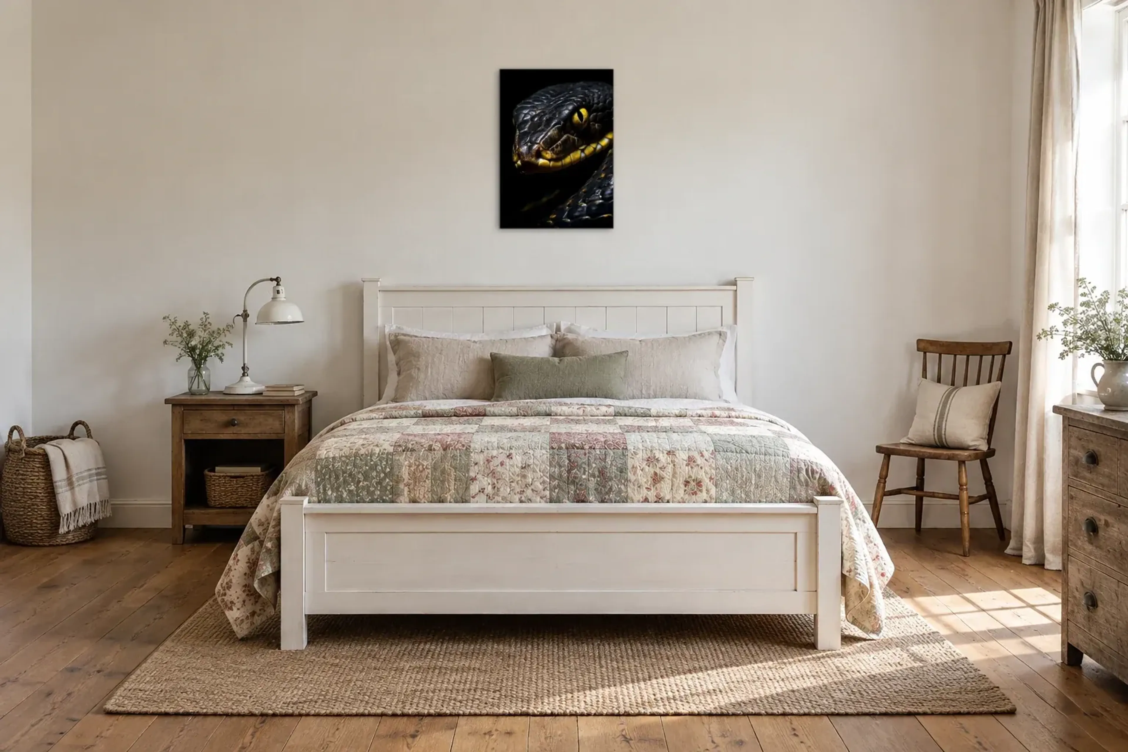 Schwarze Schlange als Wandbild über einem 160-cm-Bett