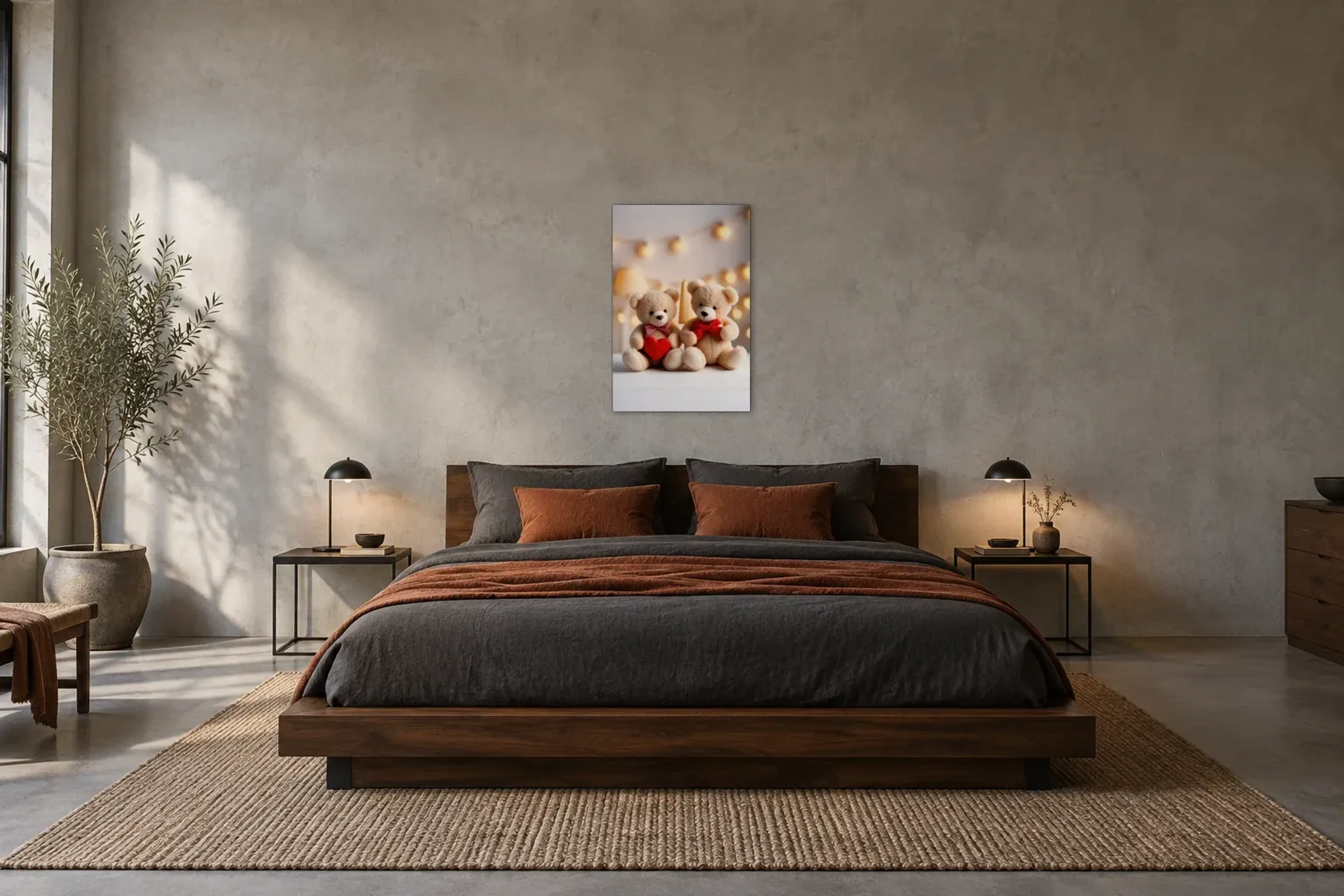 Teddybären mit Herz als Wandbild über einem 180-cm-Bett