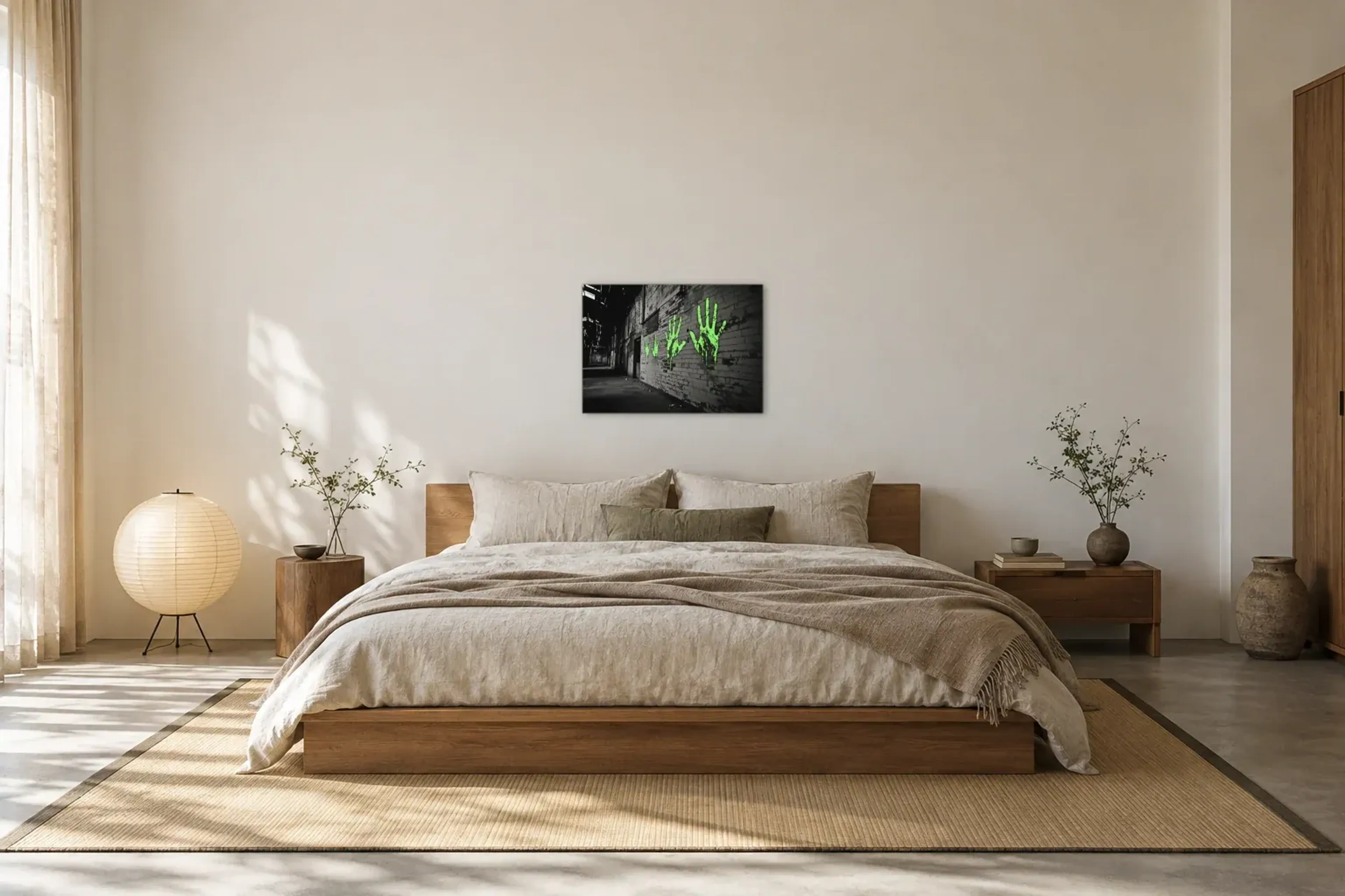 Grüne Hände auf Backstein als Wandbild über einem 180-cm-Bett