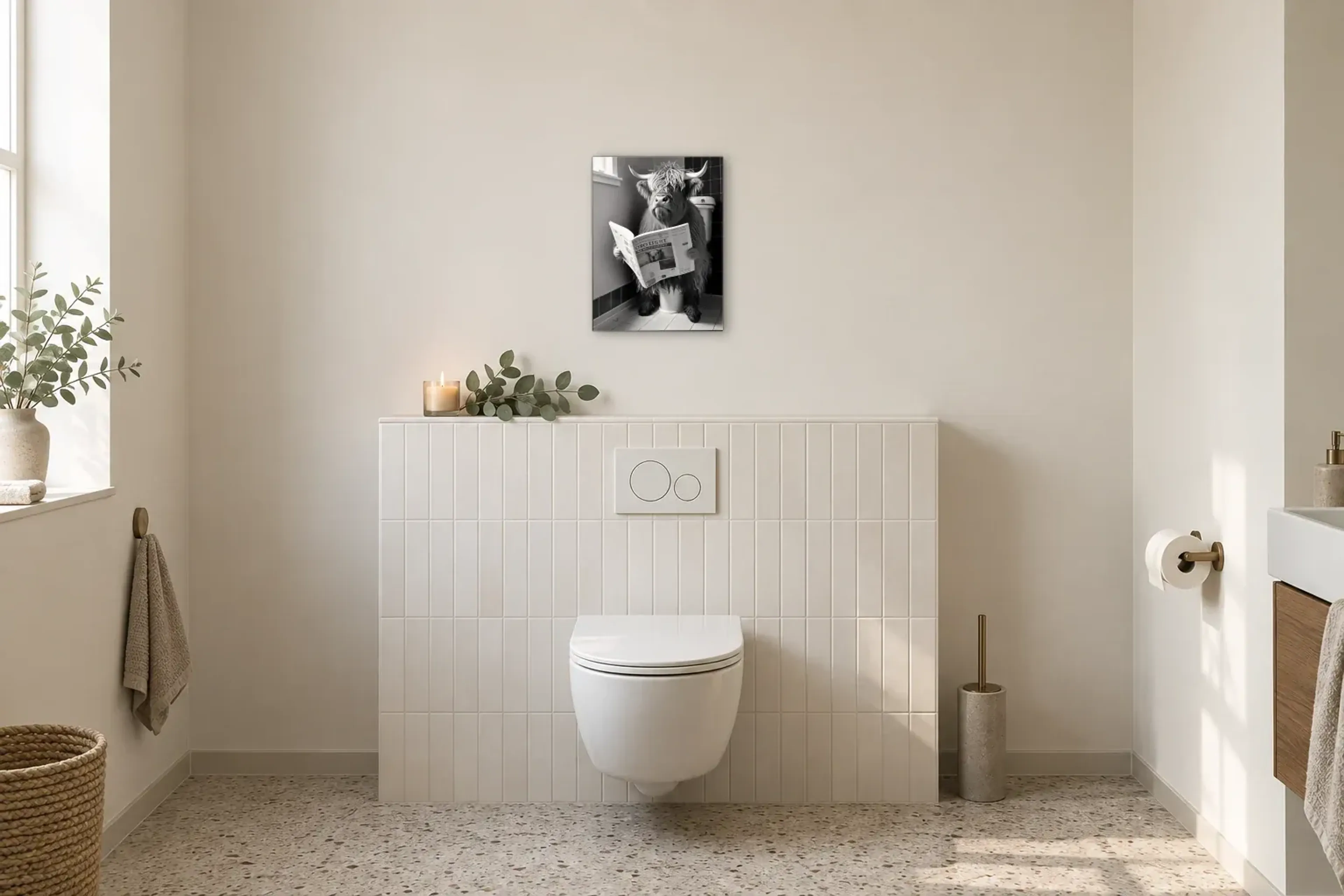 Hochlandrind mit Zeitung als Wandbild im Gäste-WC