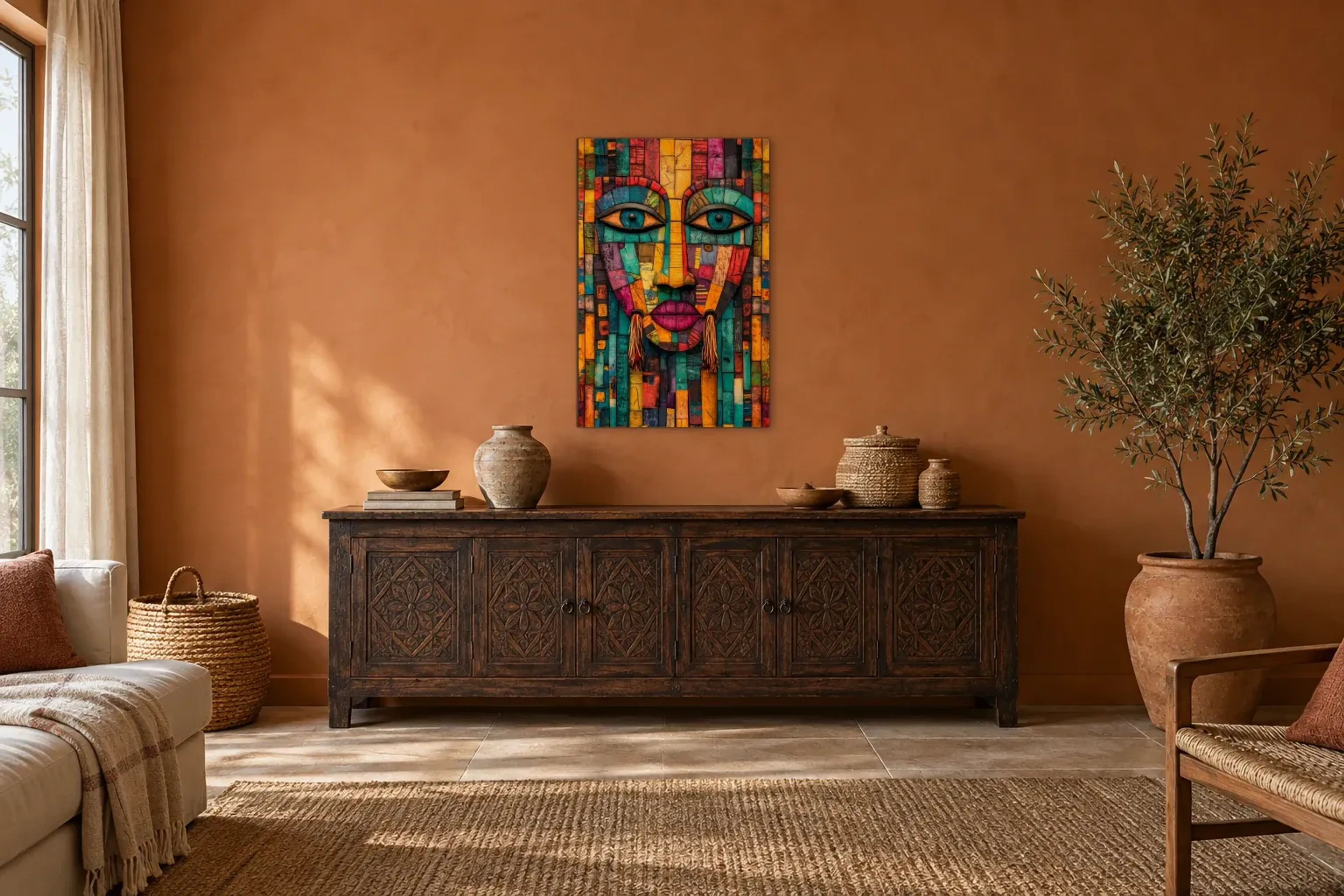 Gesicht aus bunten Feldern als Wandbild über einem 180-cm-Sideboard
