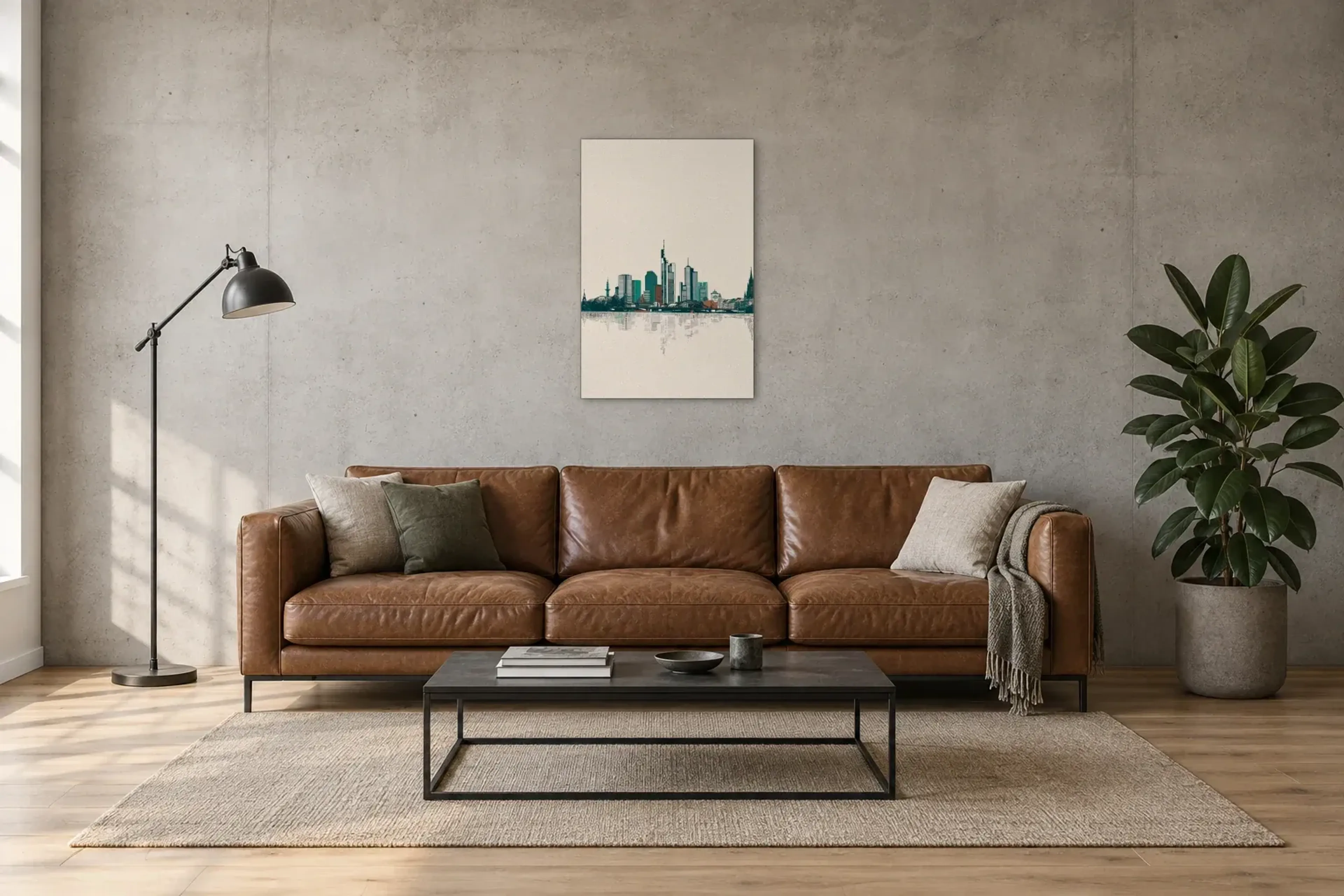 Frankfurt in feinen Linien als Wandbild über einem 220-cm-Sofa