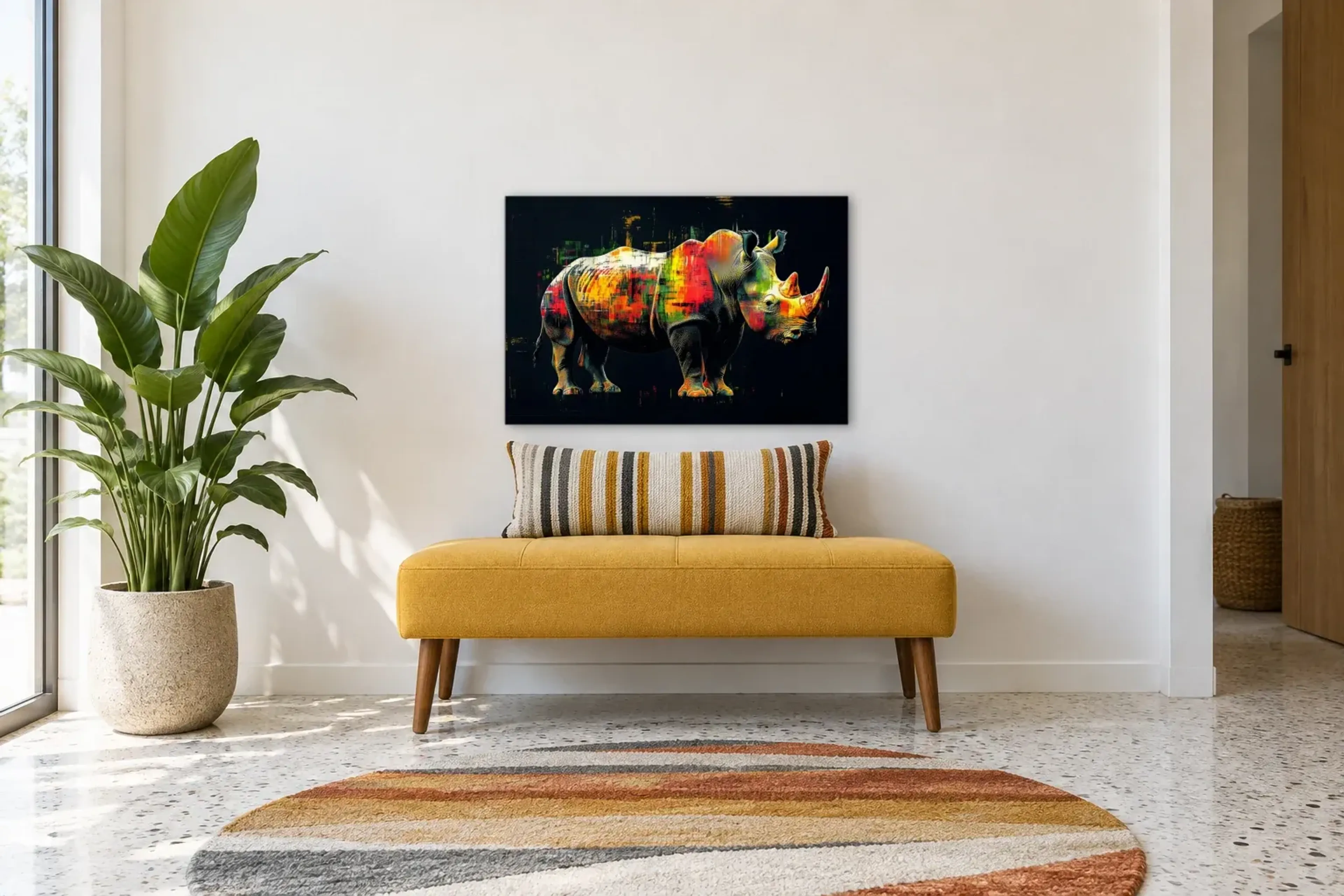 Nashorn im Dunkeln als Wandbild über einer 120-cm-Bank