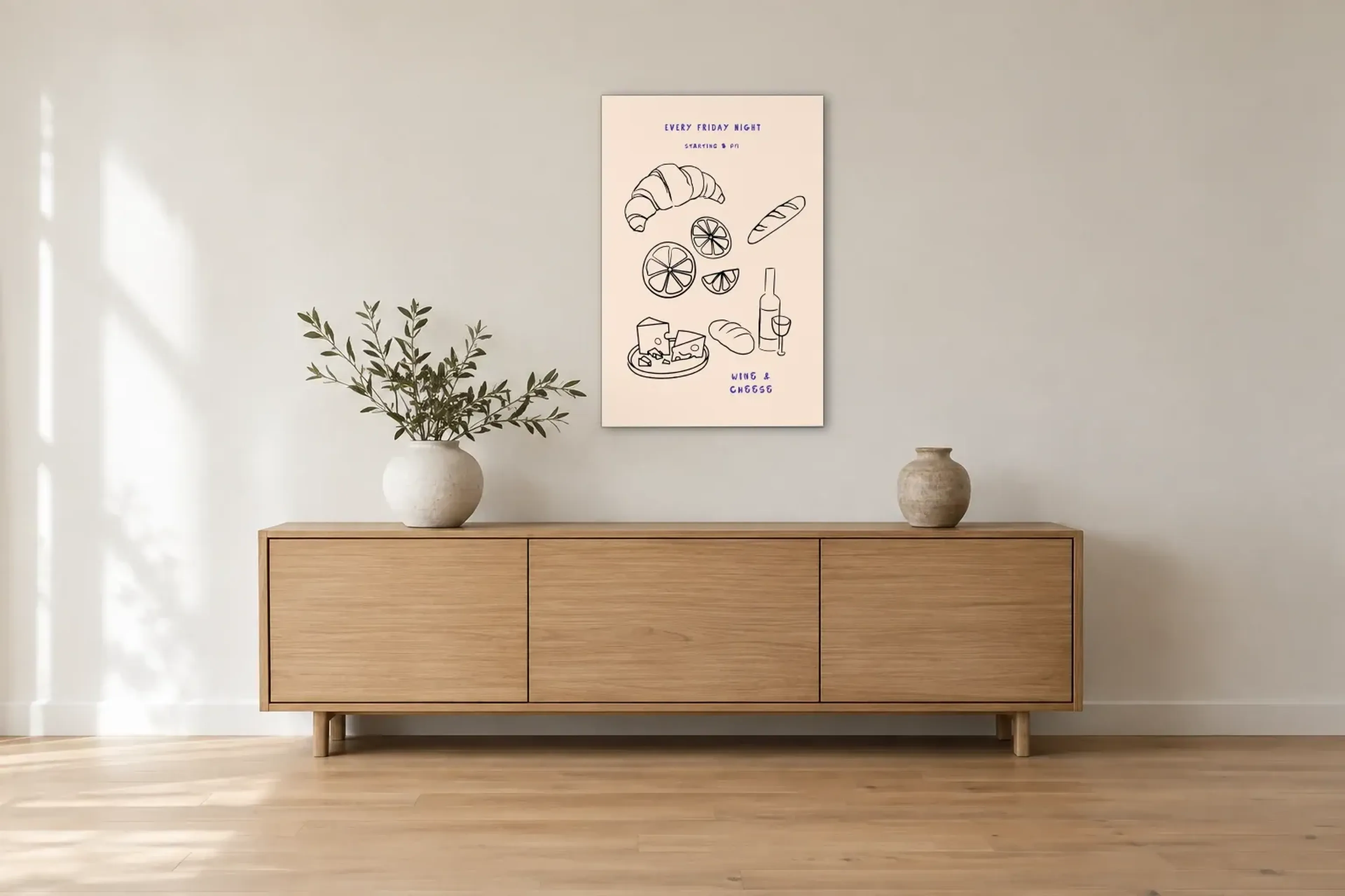 Wein und Käse als Wandbild über einem 180-cm-Sideboard
