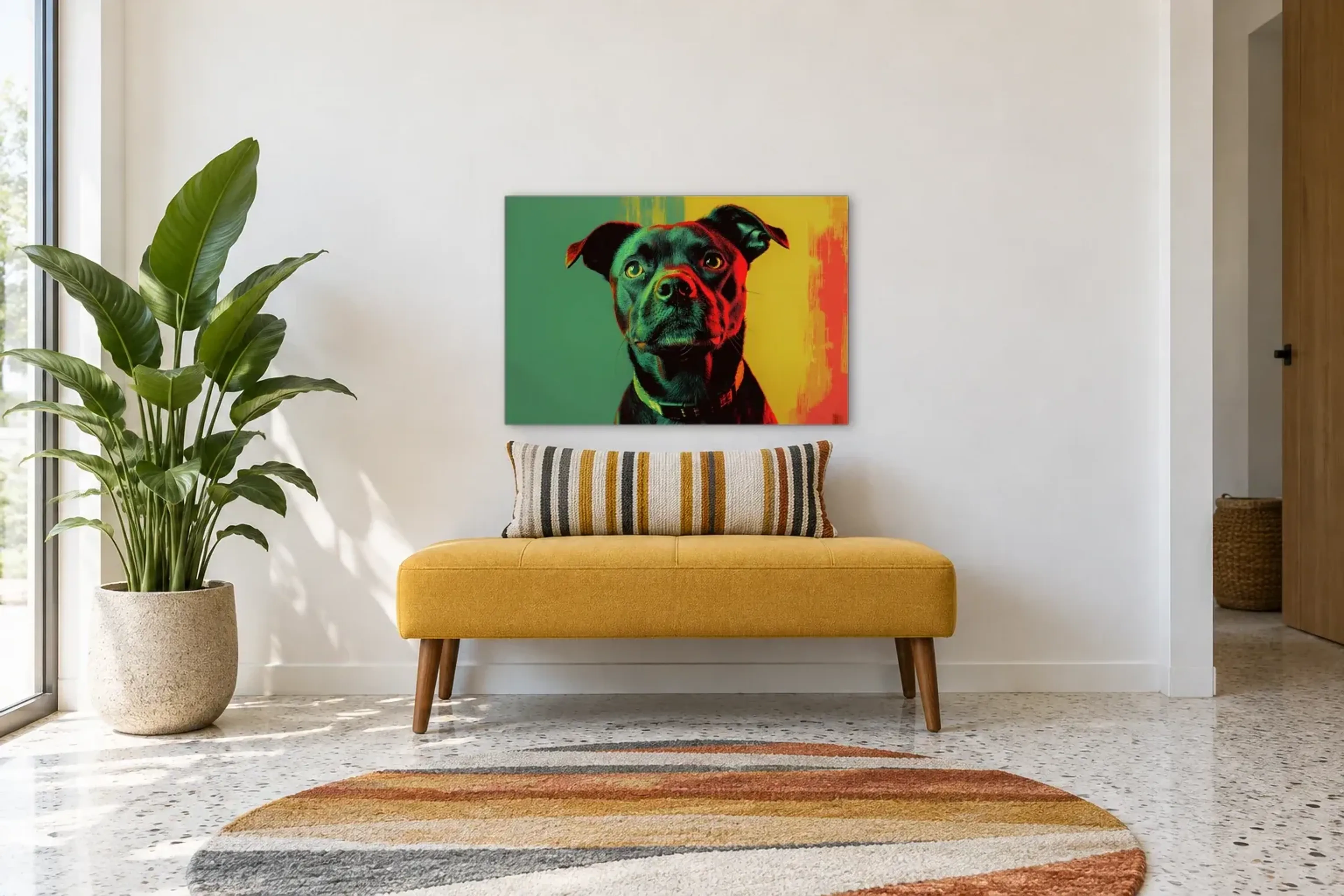 Mischling mit treuem Blick als Wandbild über einer 120-cm-Bank