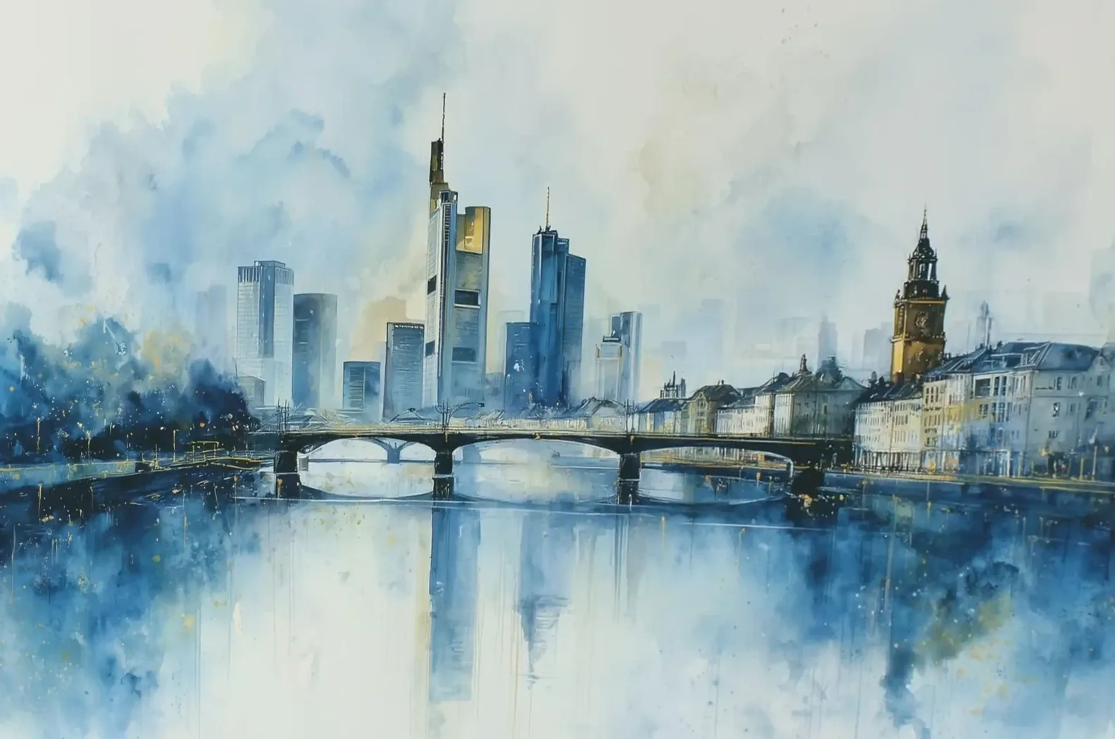 Bogenbrücke vor Frankfurter Hochhäusern und hellen Uferfassaden mit langen Spiegelungen in Blau und Cremeweiß.