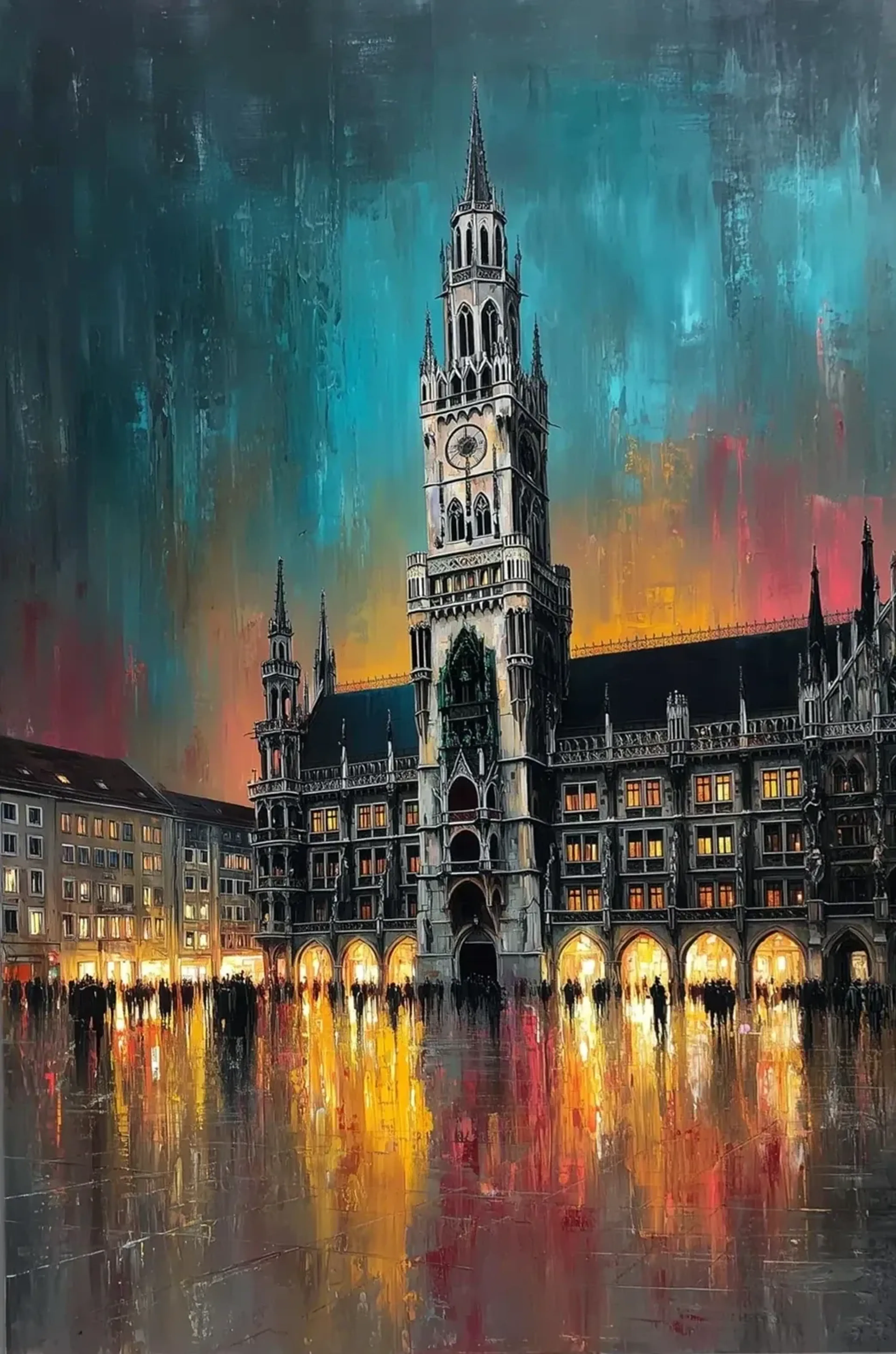 Münchner Rathaus vor türkis-rotem Himmel mit goldenen Lichtern und Spiegelungen auf dem nassen Platz.
