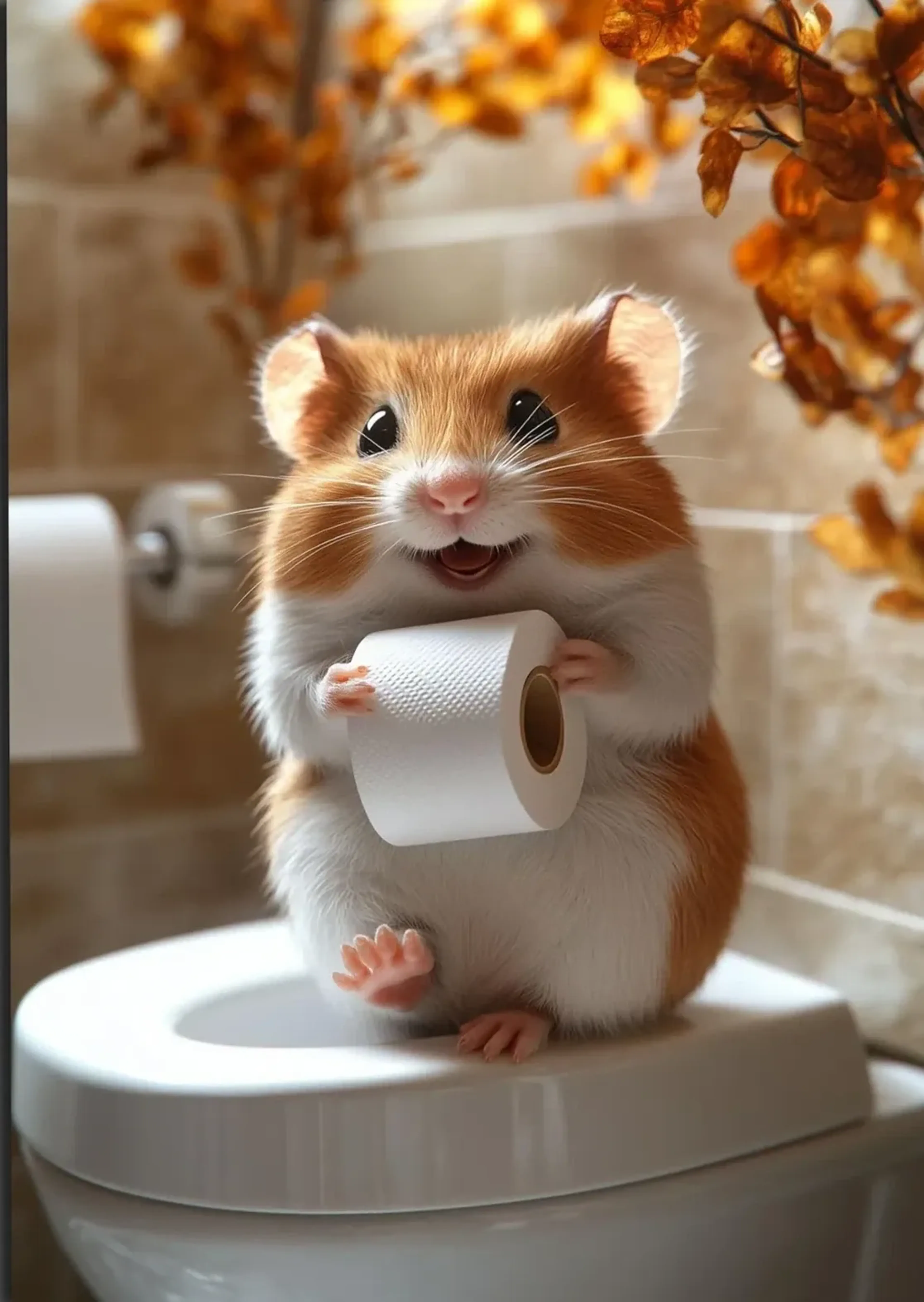 Goldbraun-weißer Hamster mit Klopapierrolle auf einer Toilettenbrille vor beigen Fliesen und Herbstlaub.