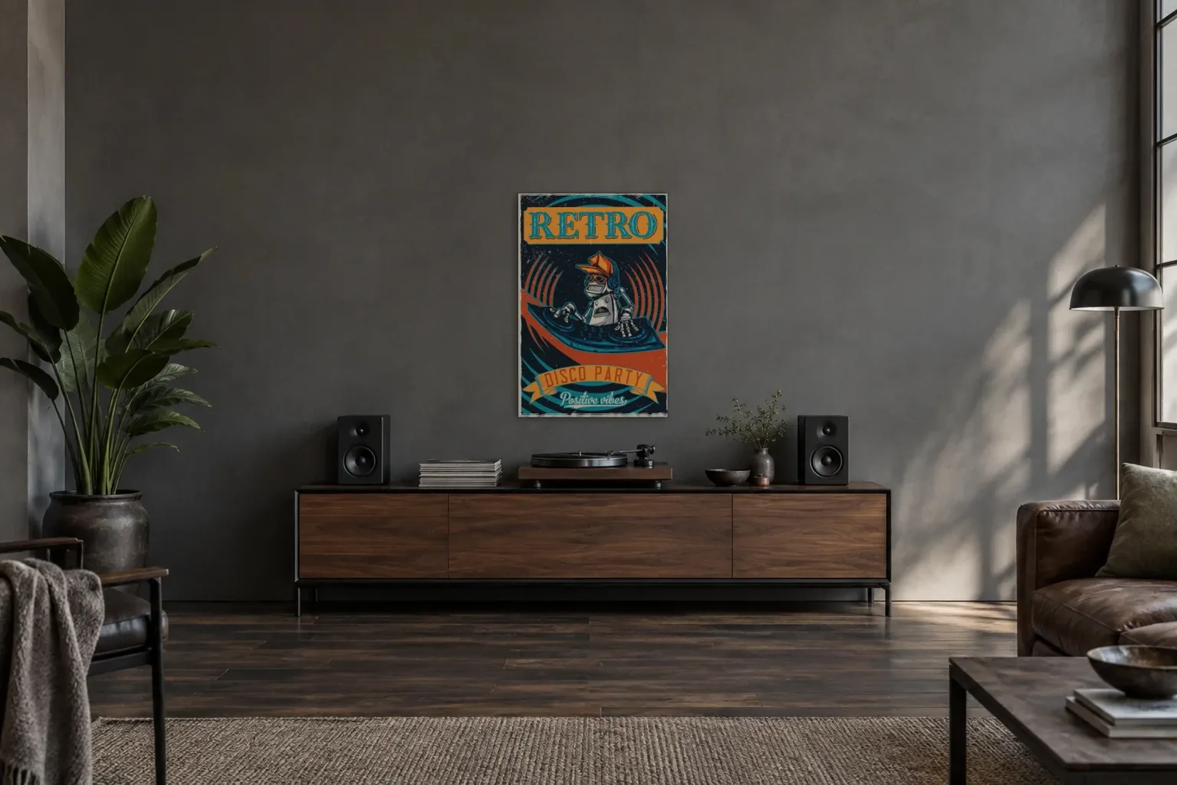 Disco Party als Wandbild über einem 200-cm-Sideboard