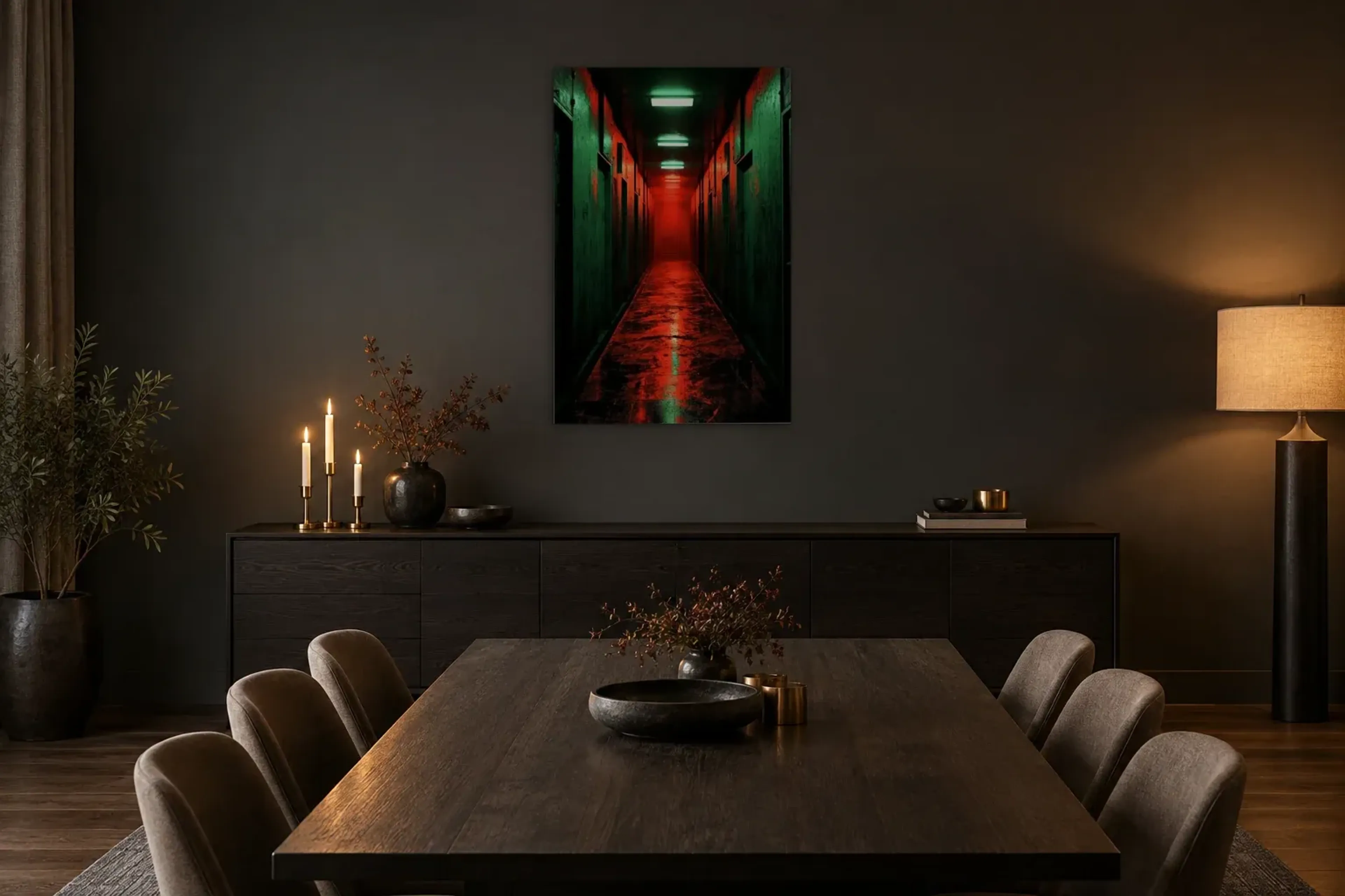 Flur in Rotgrün als Wandbild über einem 180-cm-Sideboard
