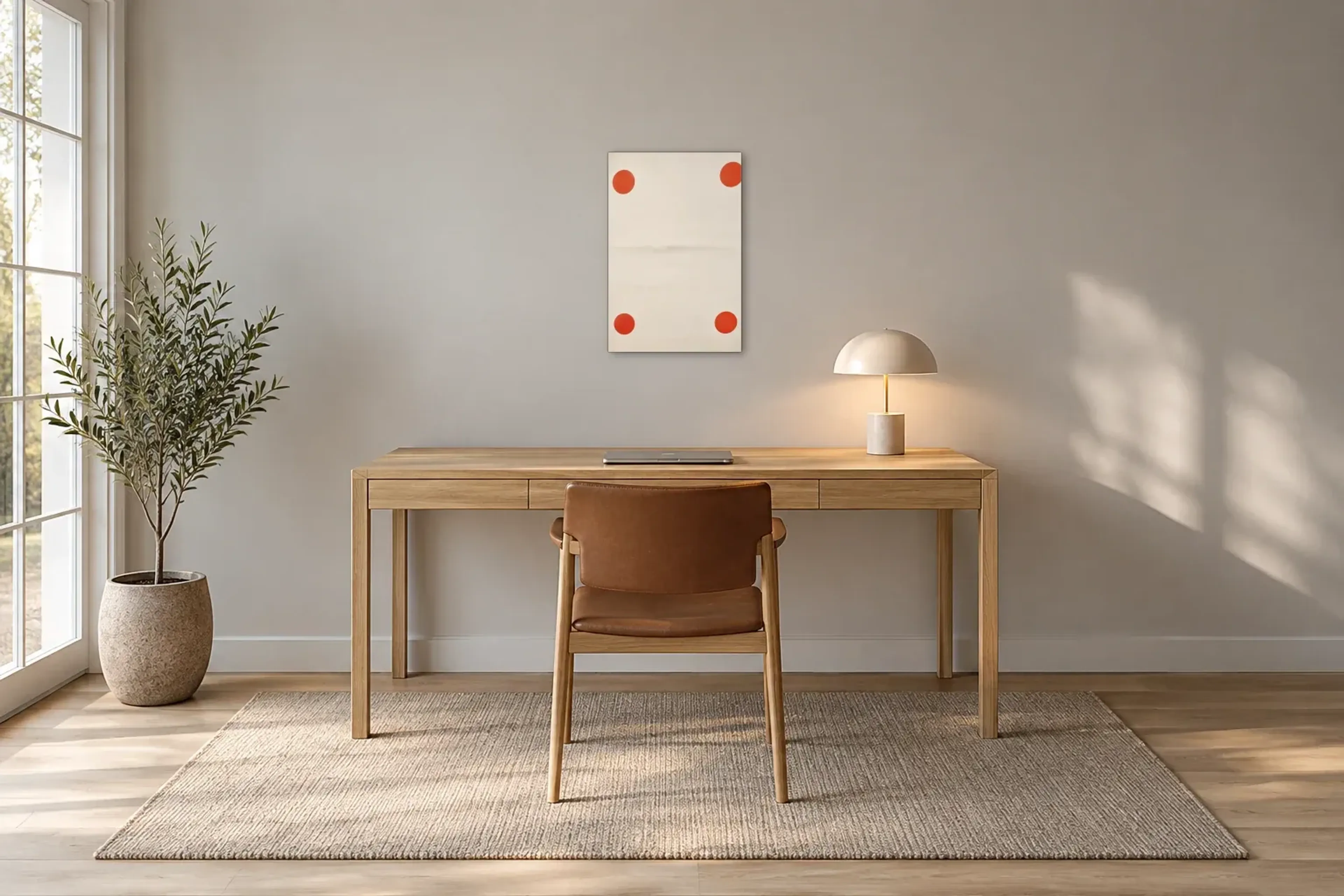 Rote Punkte im Rechteck als Wandbild über einem 160-cm-Schreibtisch