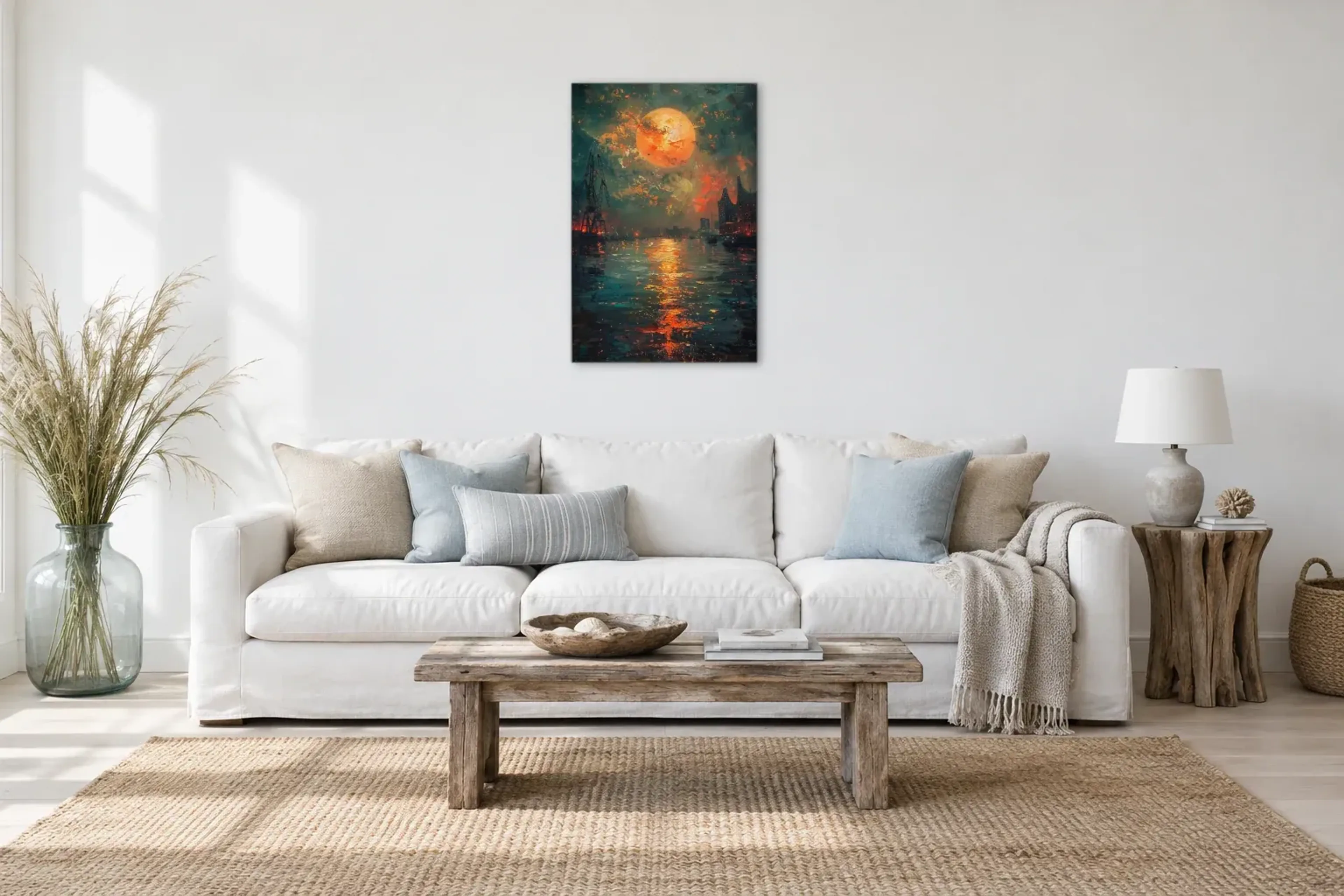Hafen im orangefarbenen Licht als Wandbild über einem 220-cm-Sofa