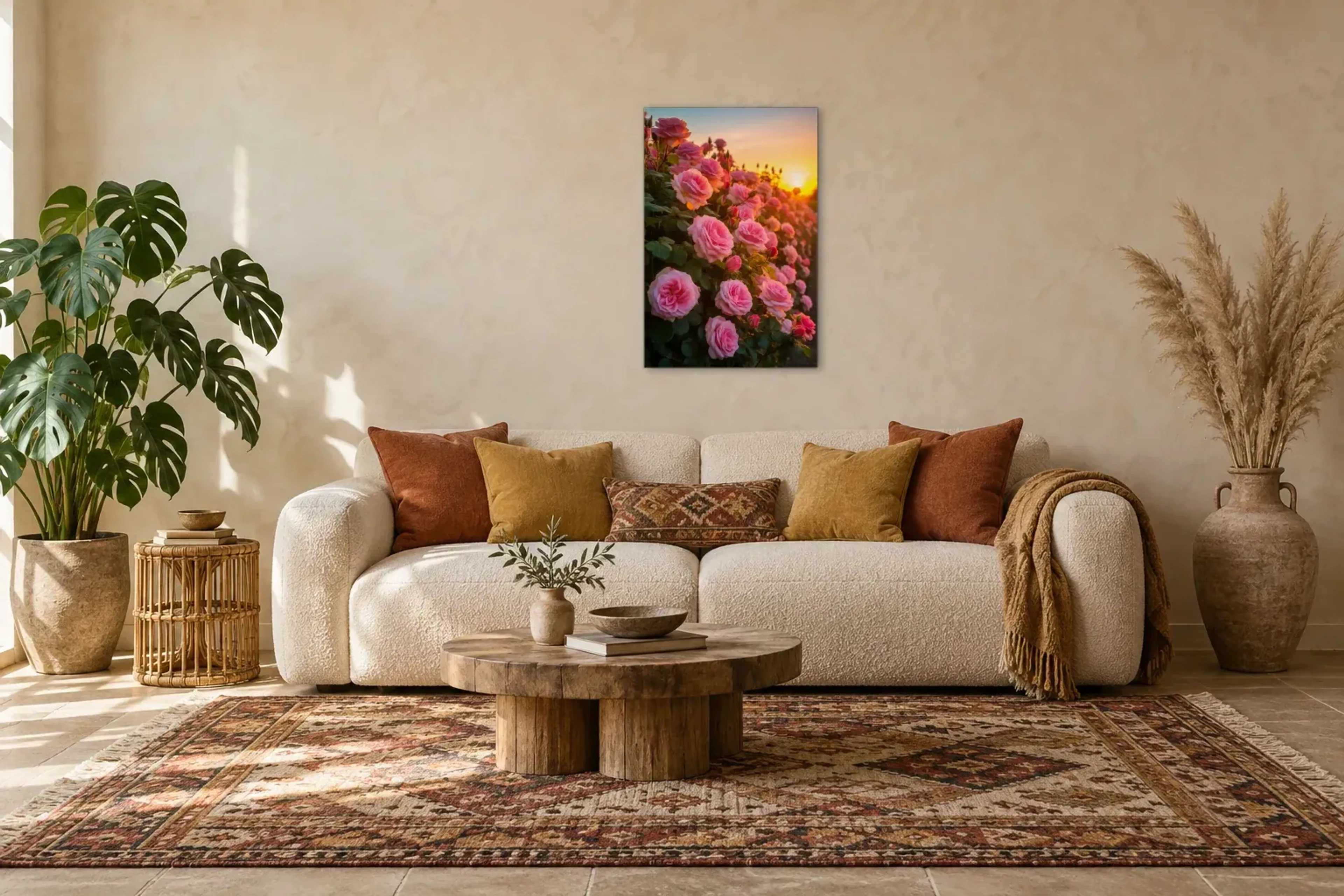 Rosa Rosen als Wandbild über einem 220-cm-Sofa
