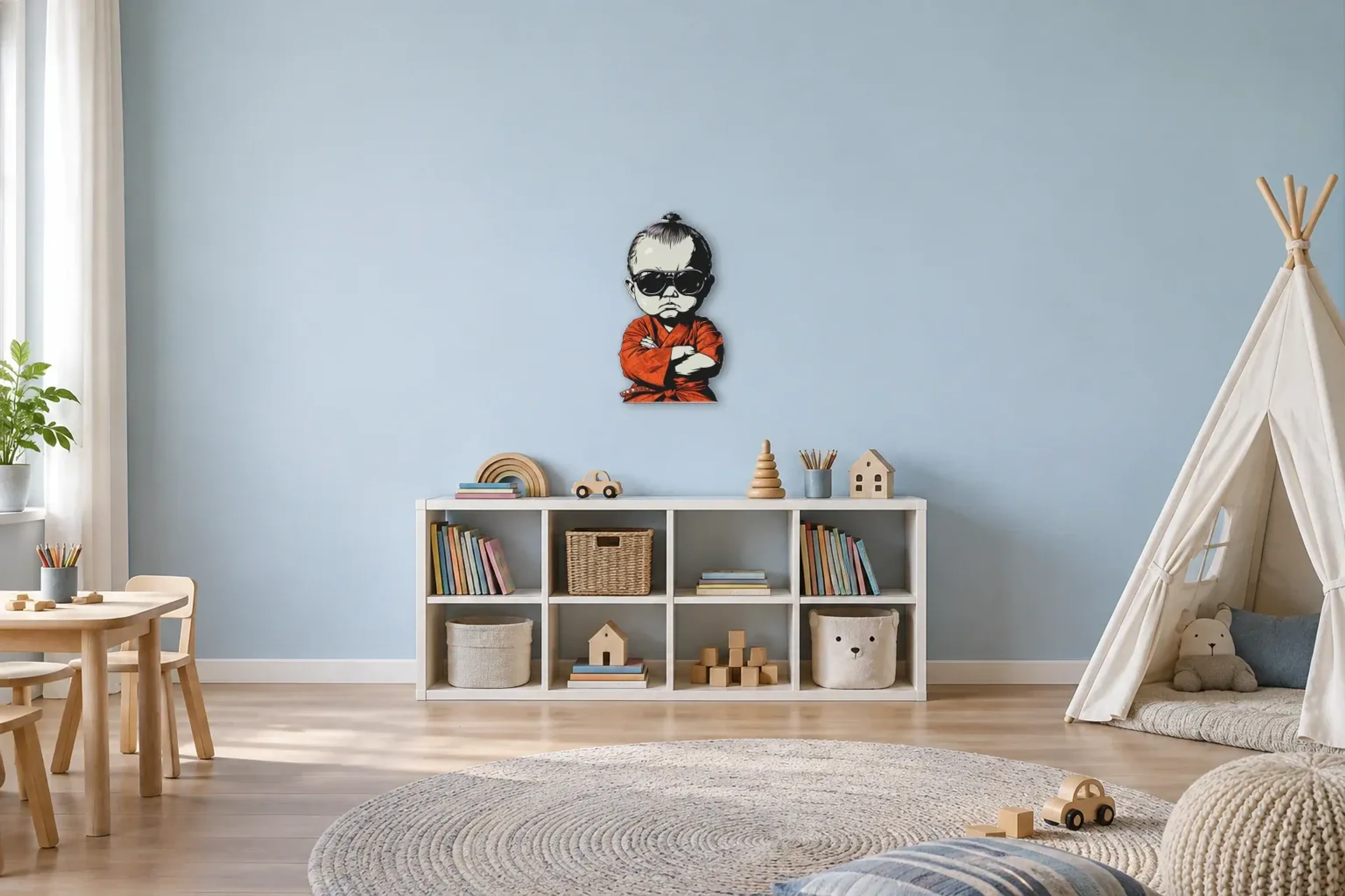 Junge mit Sonnenbrille als Wandbild über einem 120-cm-Spielregal