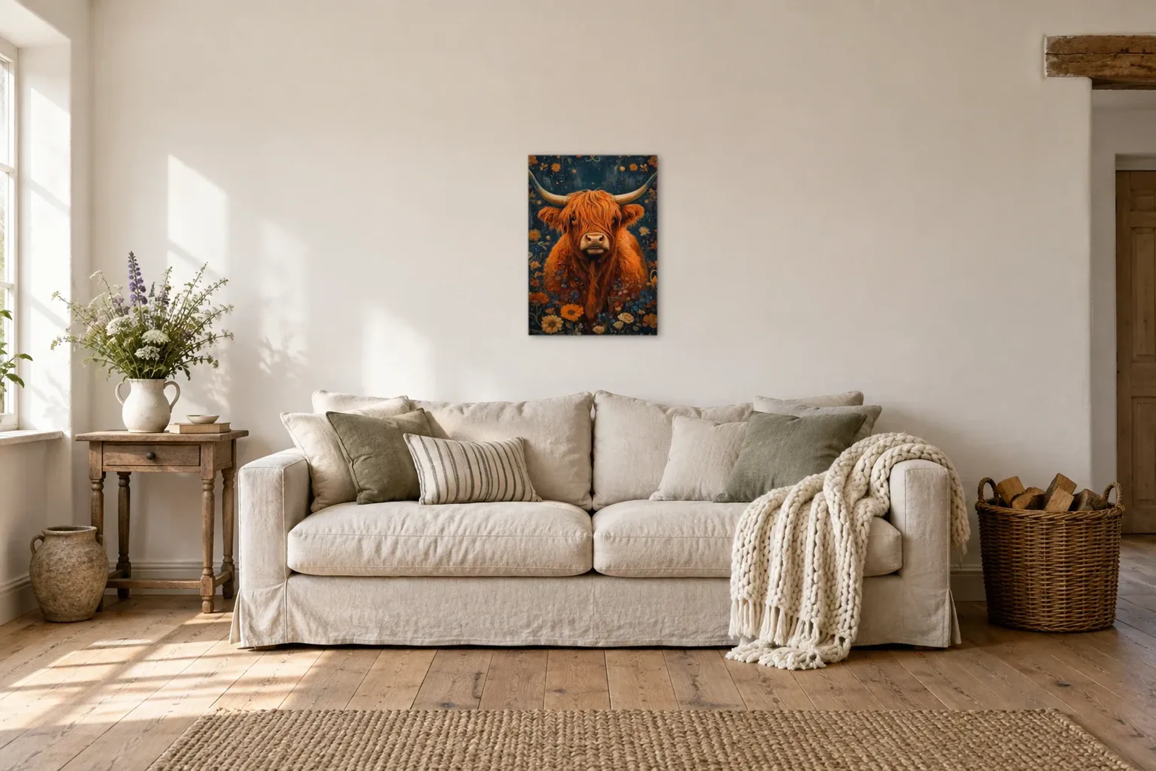 Hochlandrind im Blütenmeer als Wandbild über einem 220-cm-Sofa