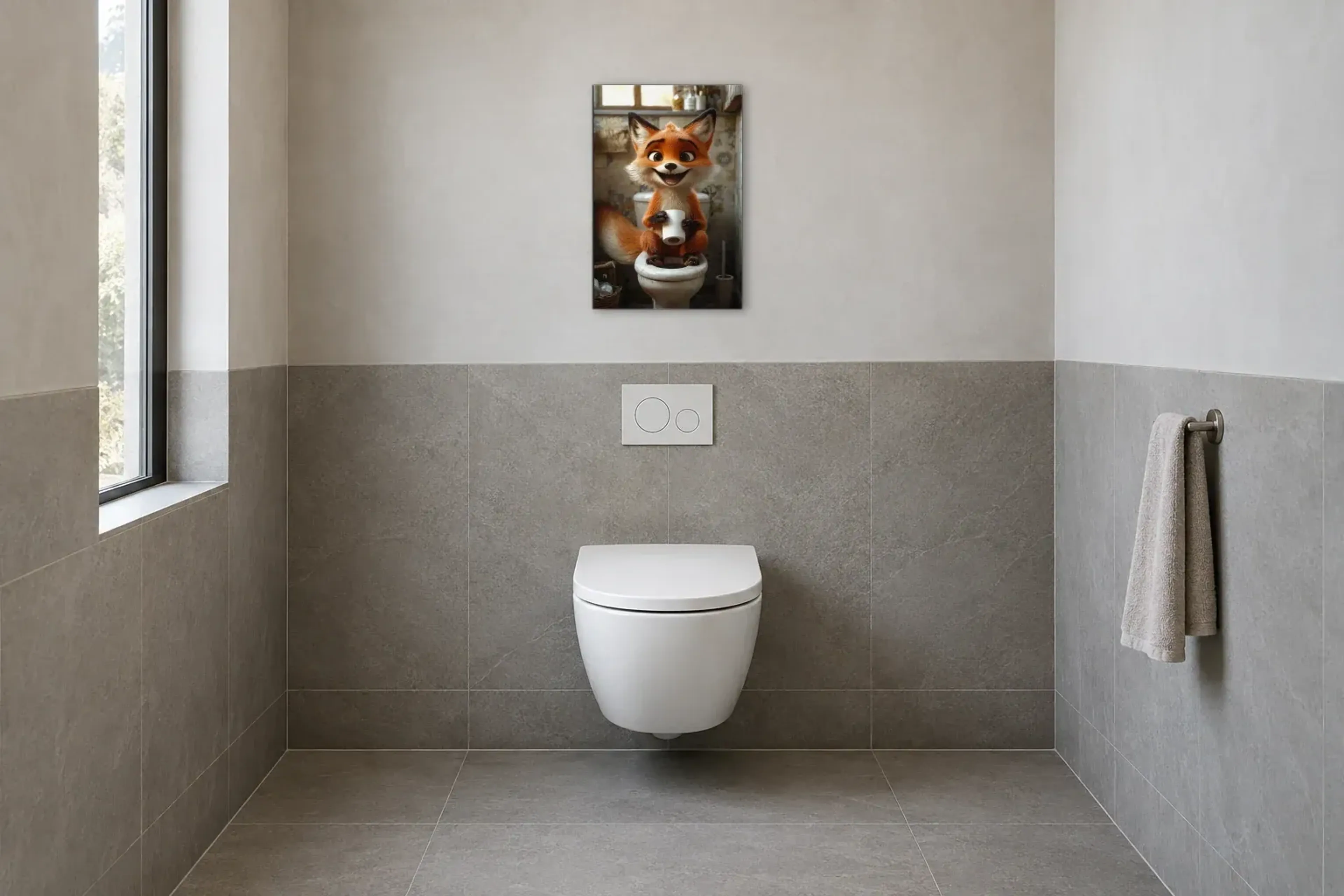 Fuchs mit Klopapier als Wandbild im Gäste-WC
