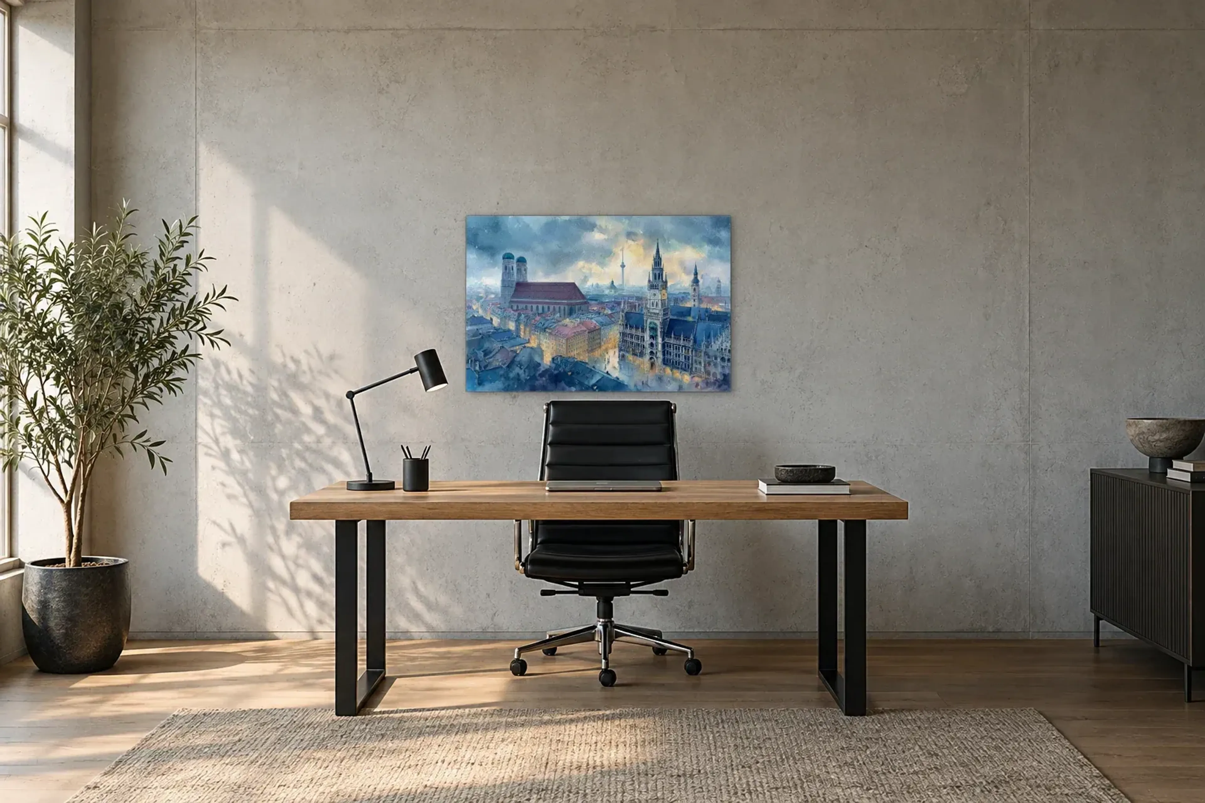 Münchner Dächer in Blau als Wandbild über einem 160-cm-Schreibtisch