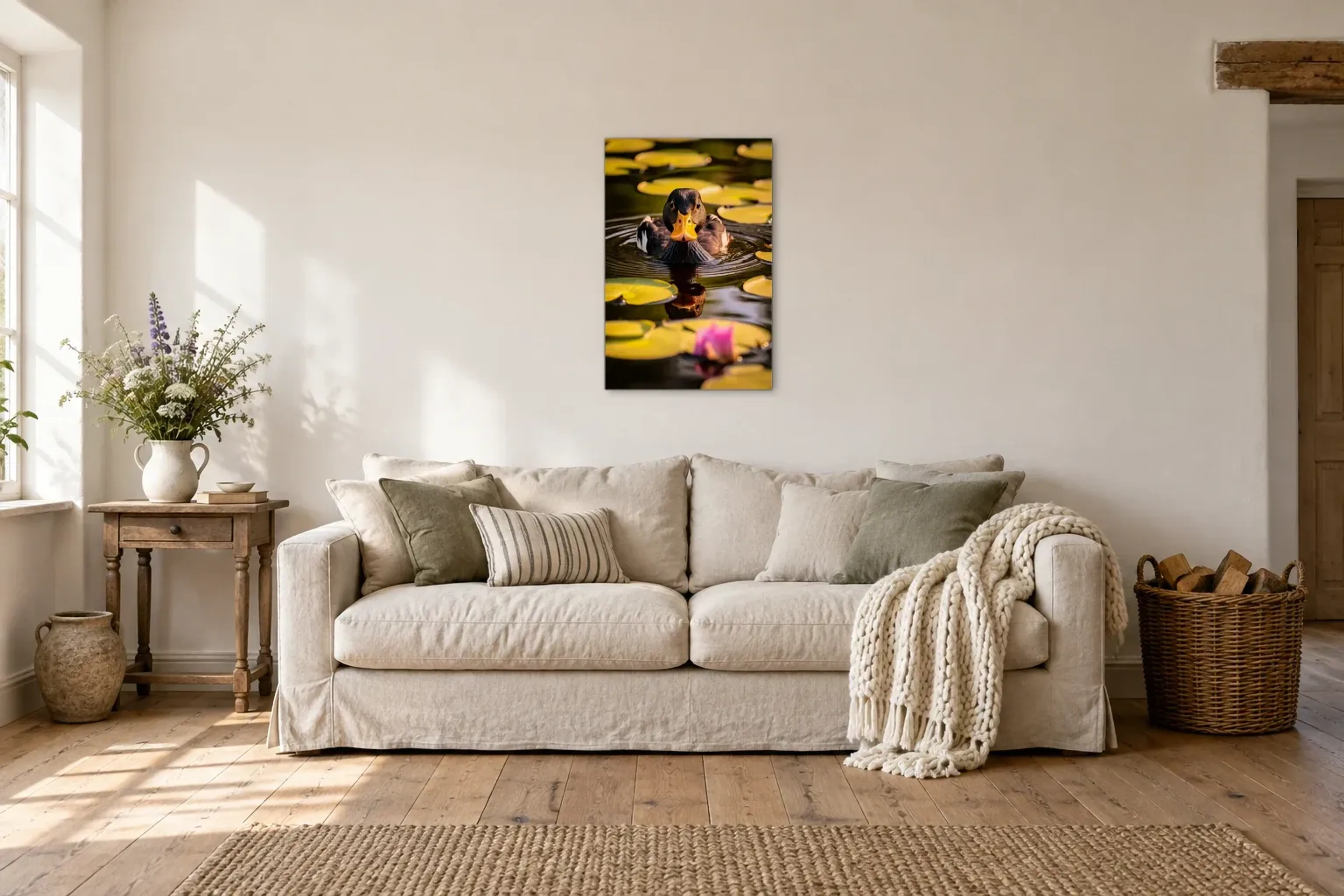 Ente zwischen Seerosen als Wandbild über einem 220-cm-Sofa