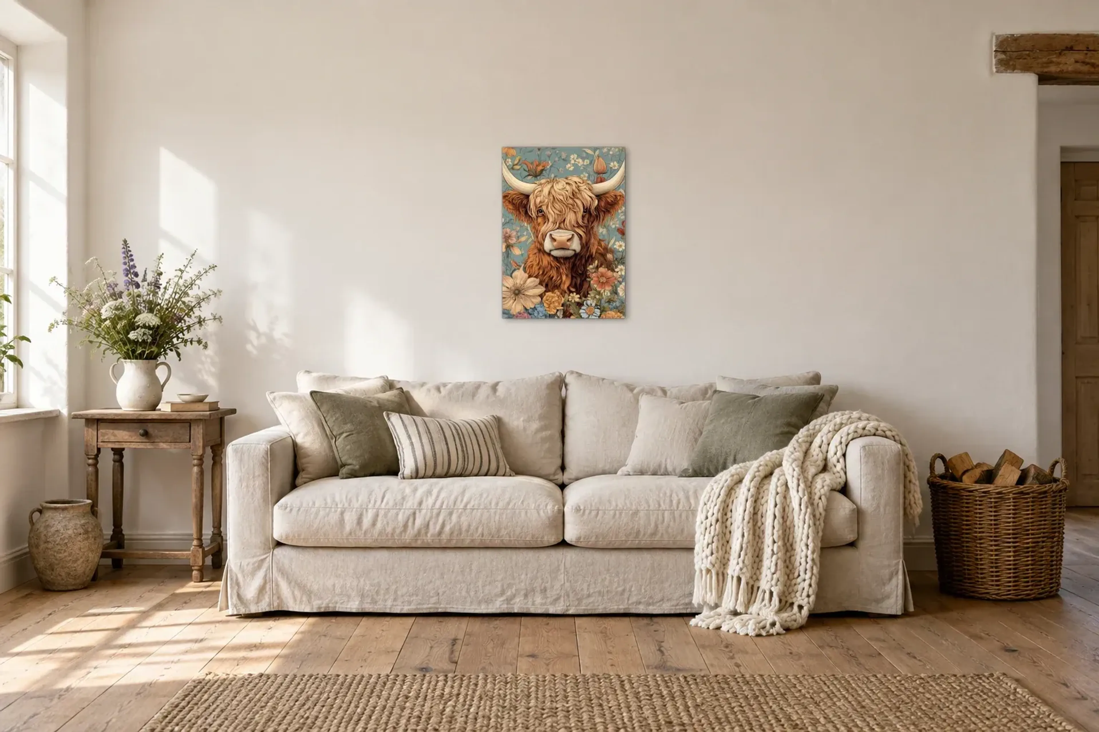 Hochlandrind im Blütengarten als Wandbild über einem 220-cm-Sofa