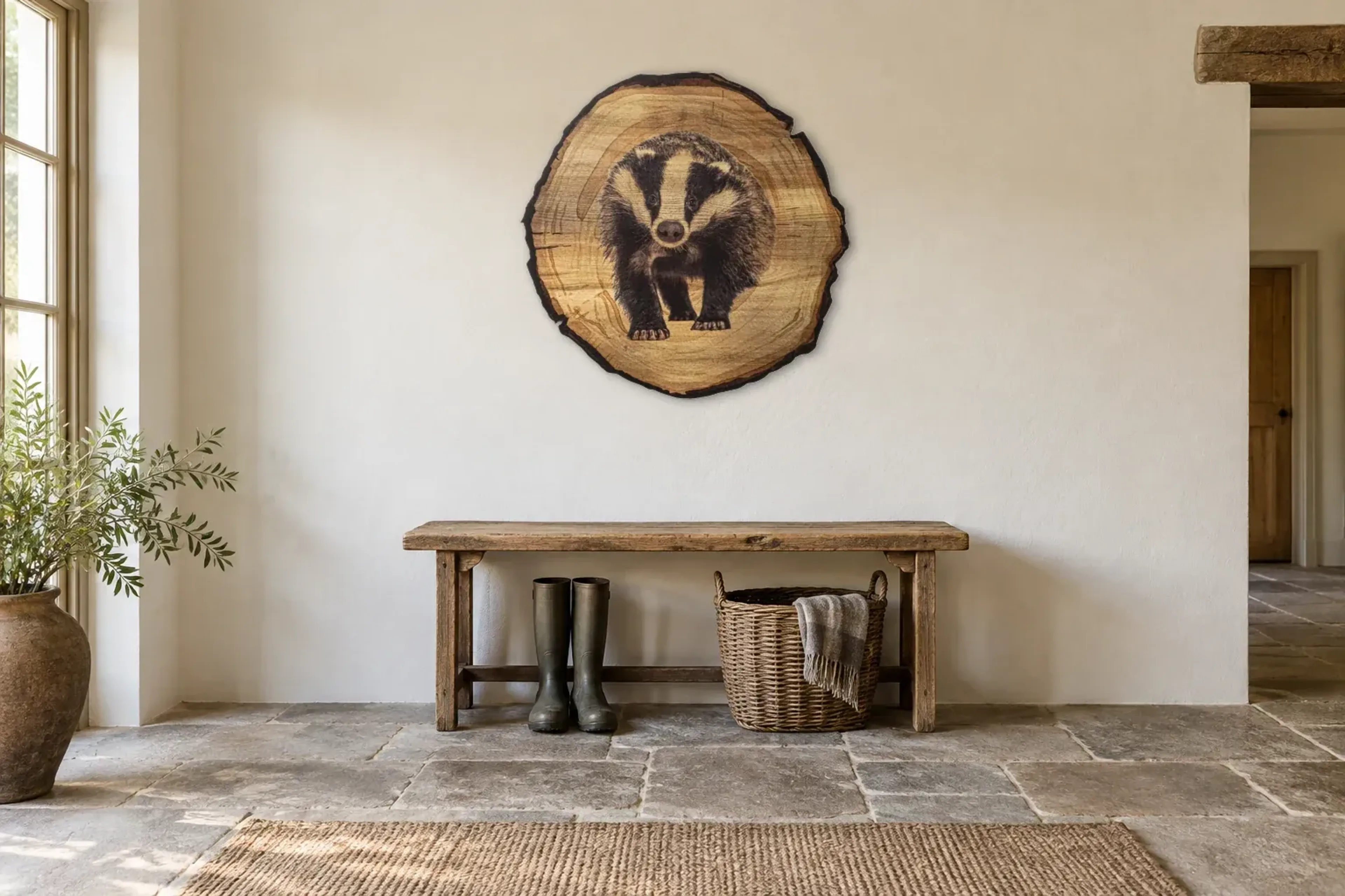 Dachs als Wandbild über einer 120-cm-Bank