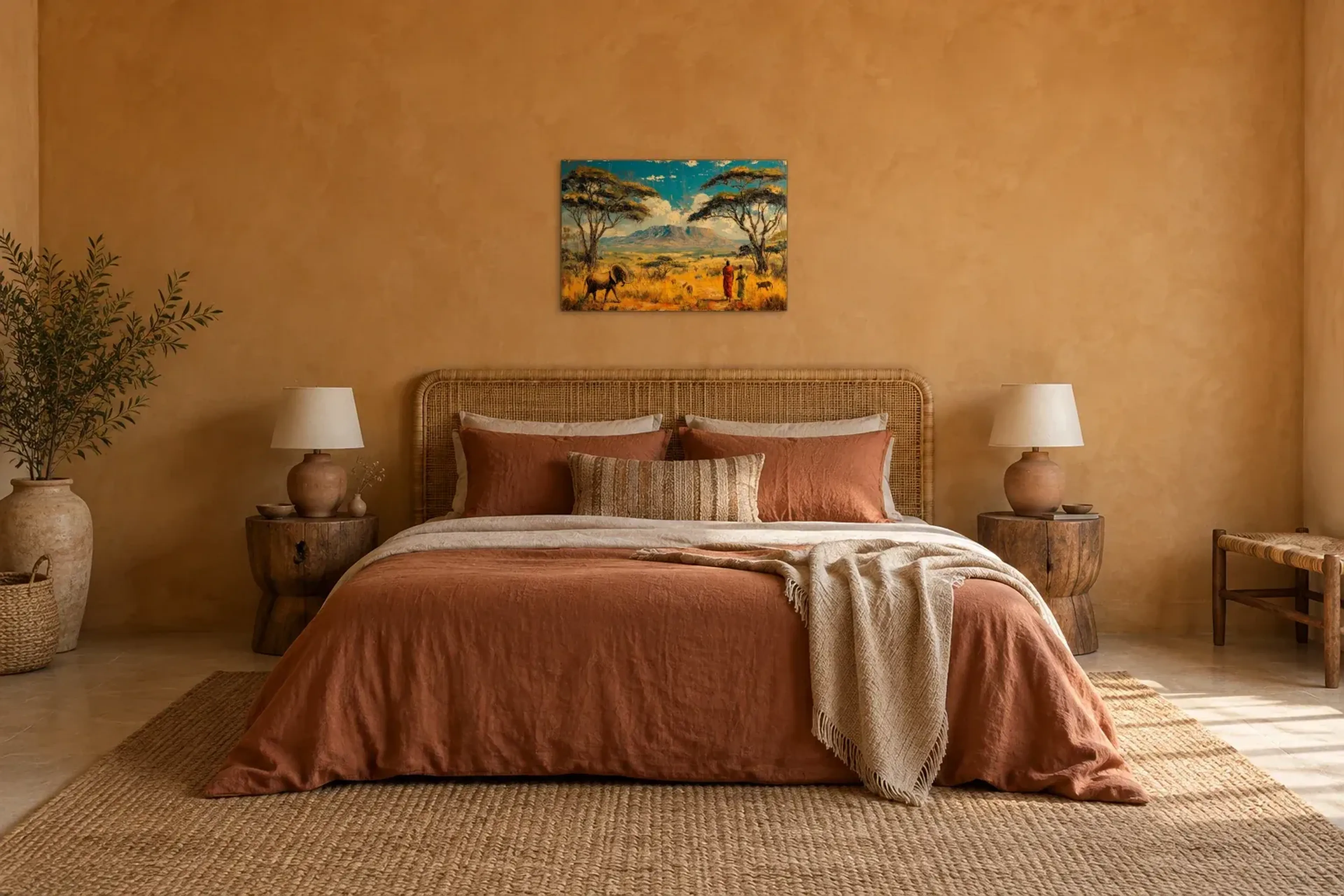 Savanne im goldenen Licht als Wandbild über einem 180-cm-Bett