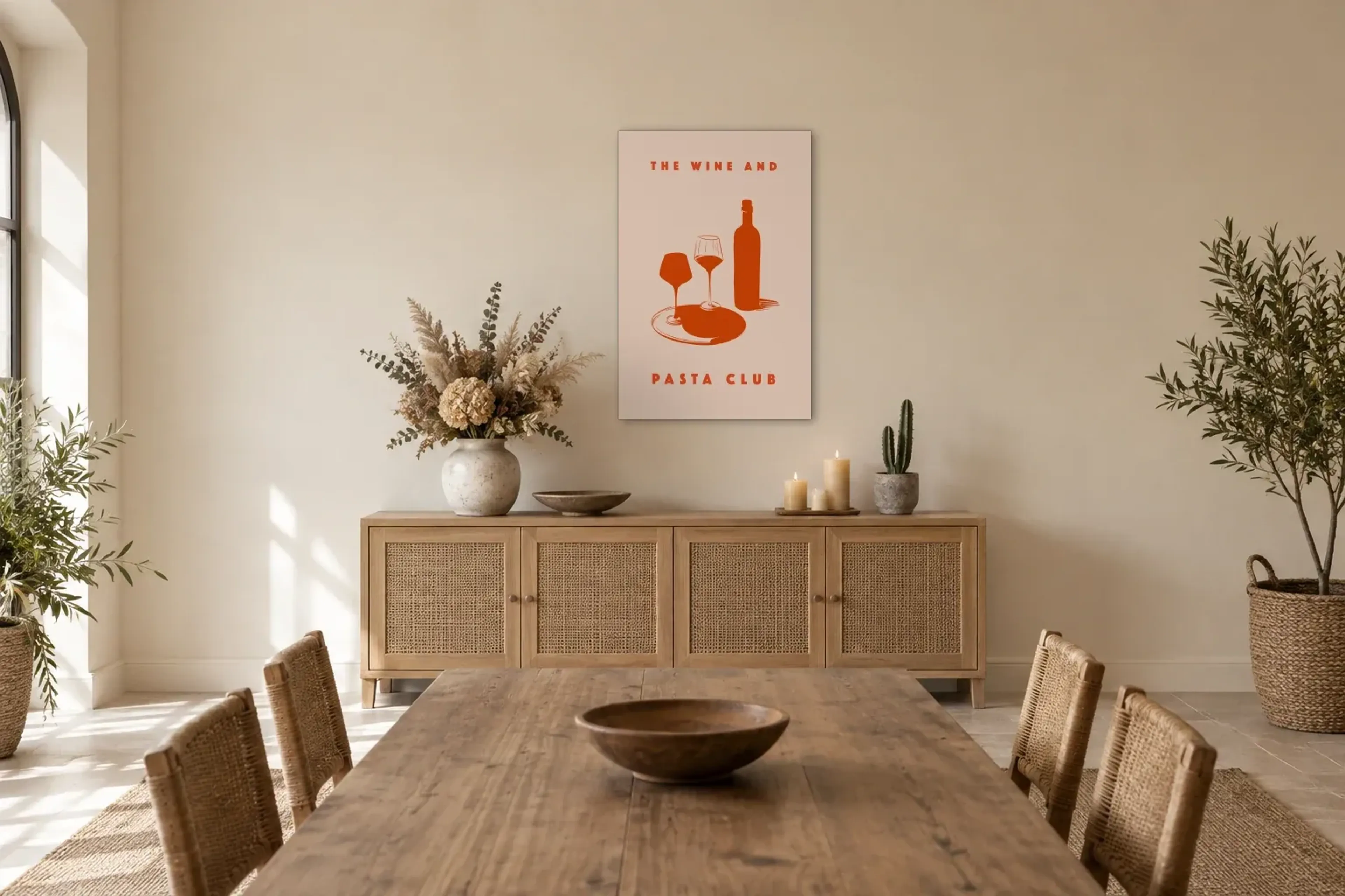 Wein und Pasta in Rot als Wandbild über einem 160-cm-Sideboard