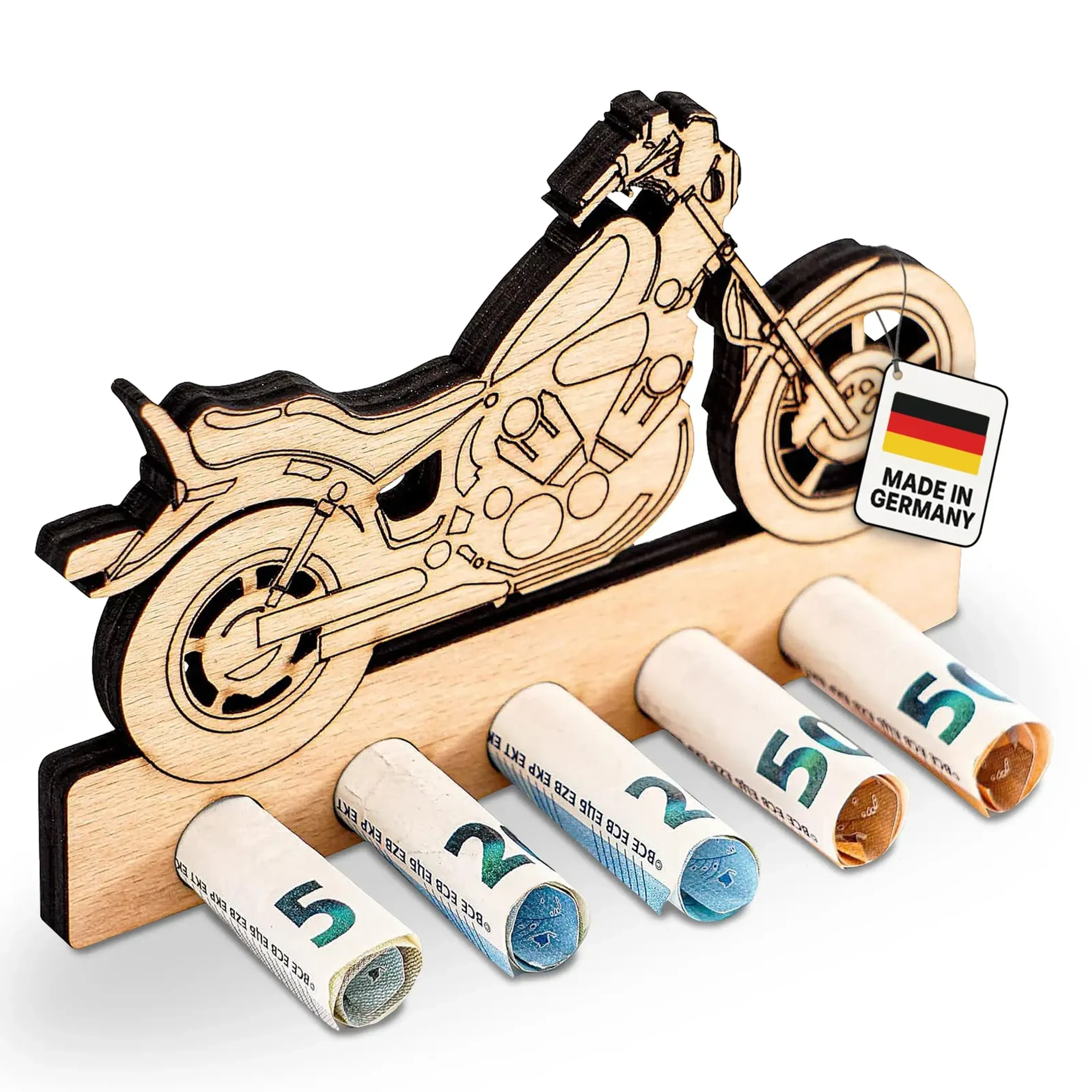 Hölzerner Geldgeschenkhalter in Chopper-Form mit dunklen Fahrzeugkonturen und fünf gerollten Geldscheinen.