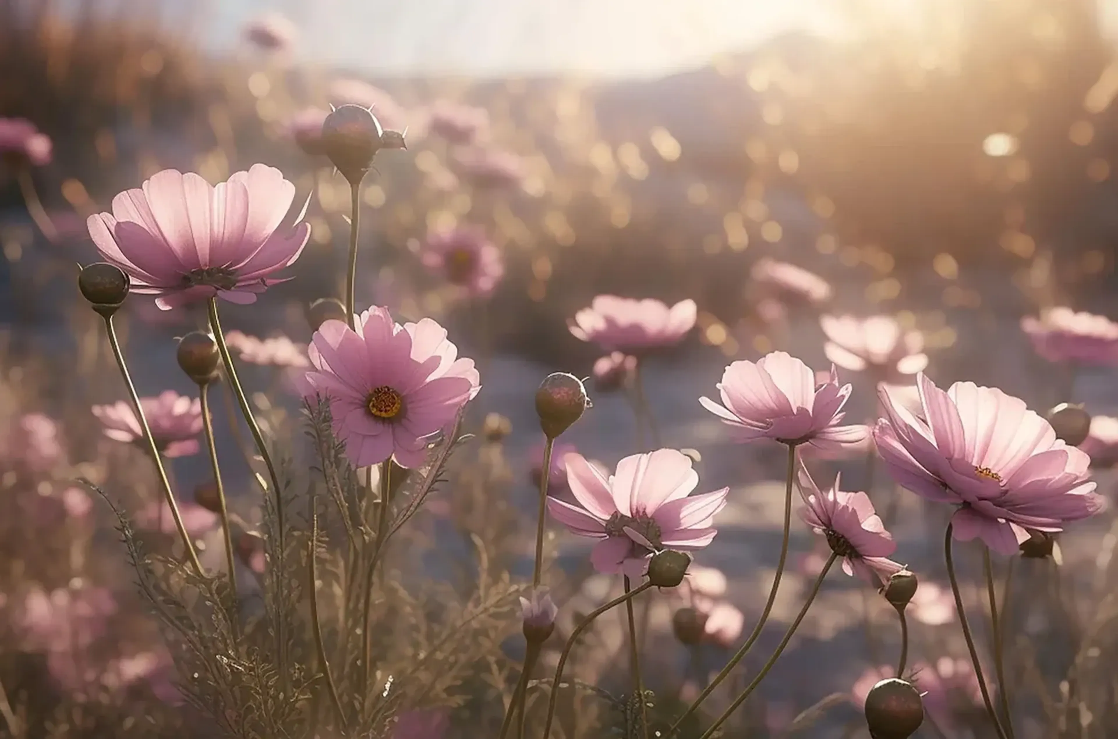 Rosa Blüten und runde Knospen an feinen Stängeln im warmen Gegenlicht vor einem dunklen, unscharfen Hintergrund.