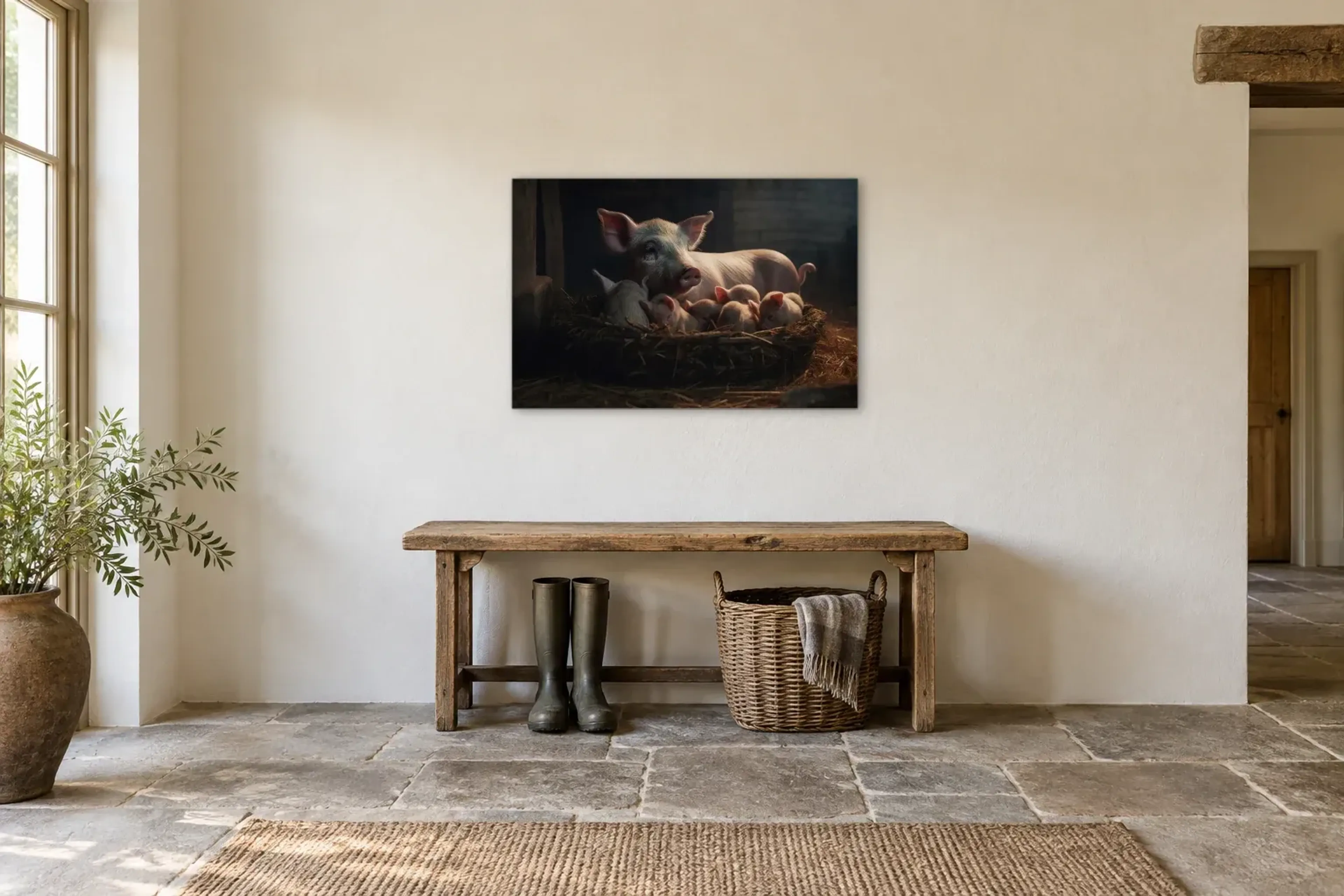 Schweine-Familie im Stall als Wandbild über einer 120-cm-Bank