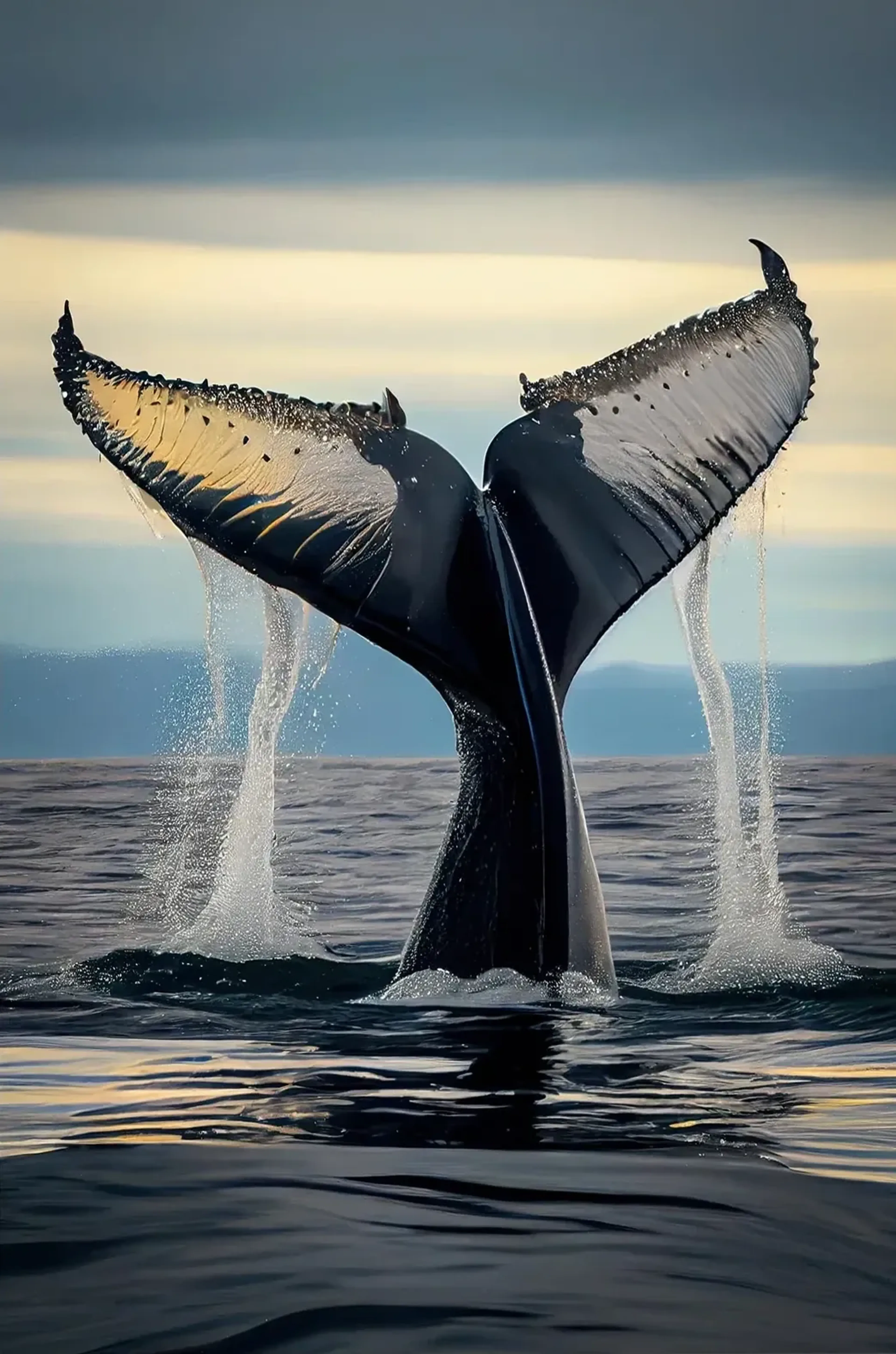 Von einer erhobenen Walschwanzflosse fließt beidseitig Wasser ins Meer, dahinter liegt ein blassgelber Horizont.