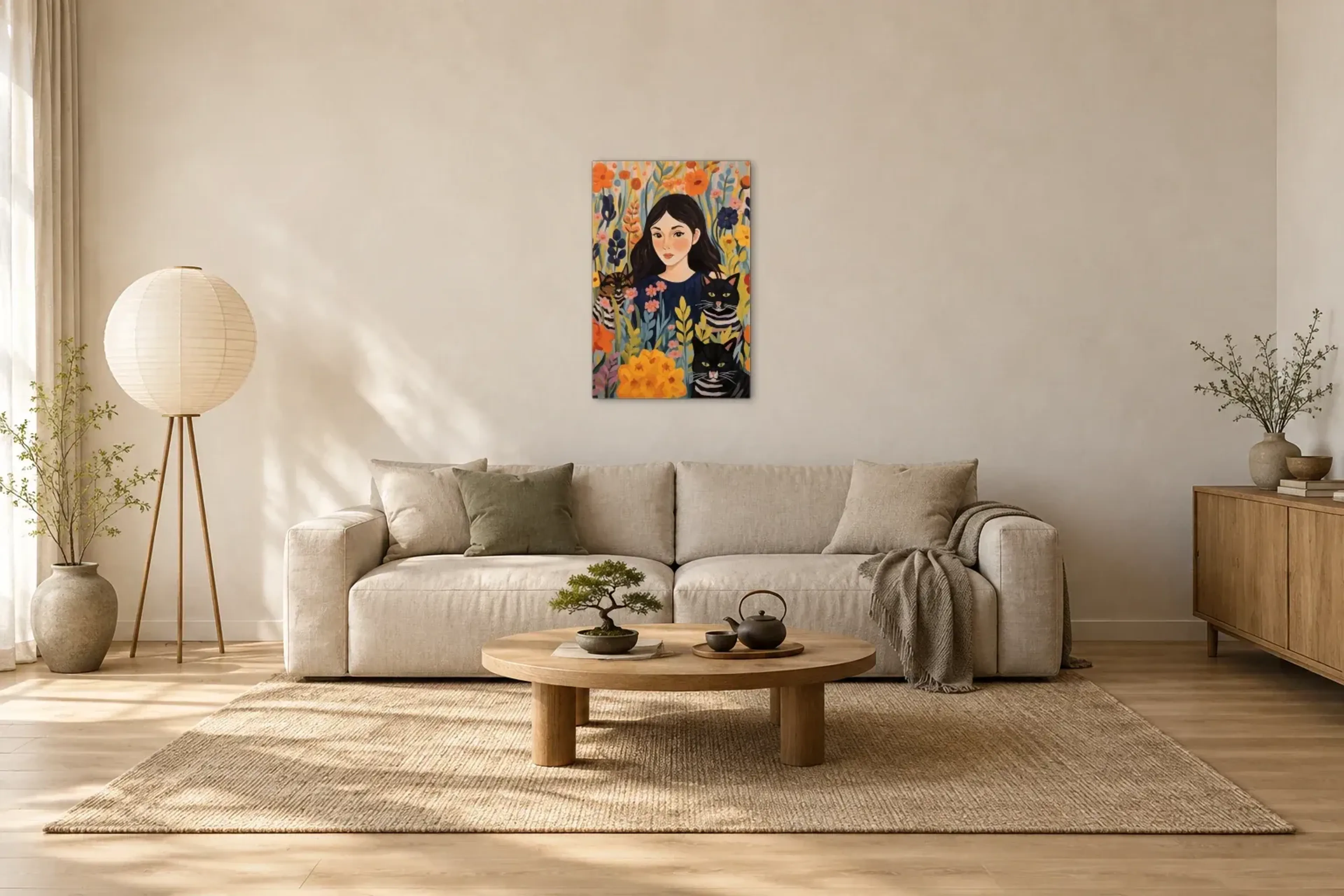 Frau mit drei Katzen als Wandbild über einem 220-cm-Sofa