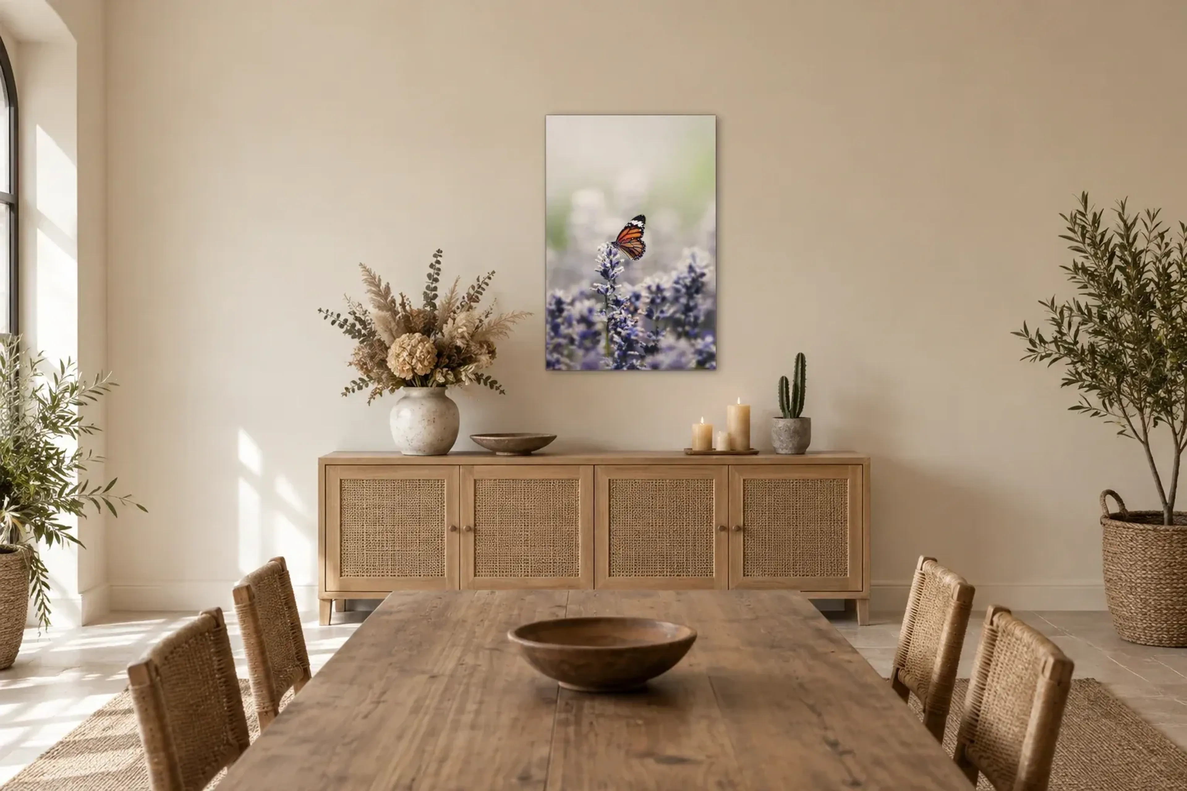 Schmetterling auf Lavendel als Wandbild über einem 160-cm-Sideboard