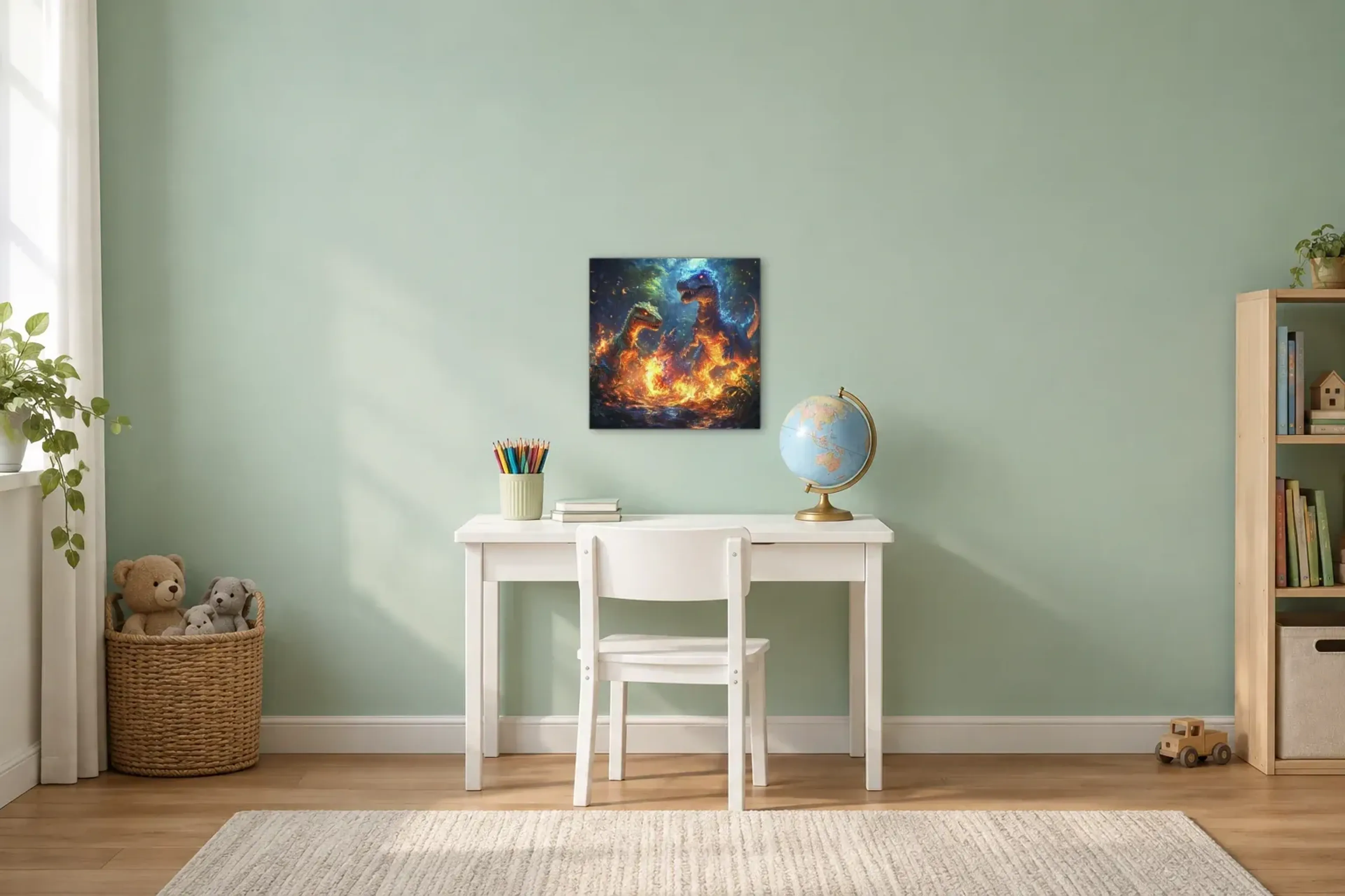 Dinos zwischen Feuerfunken als Wandbild über einem 110-cm-Kinderschreibtisch