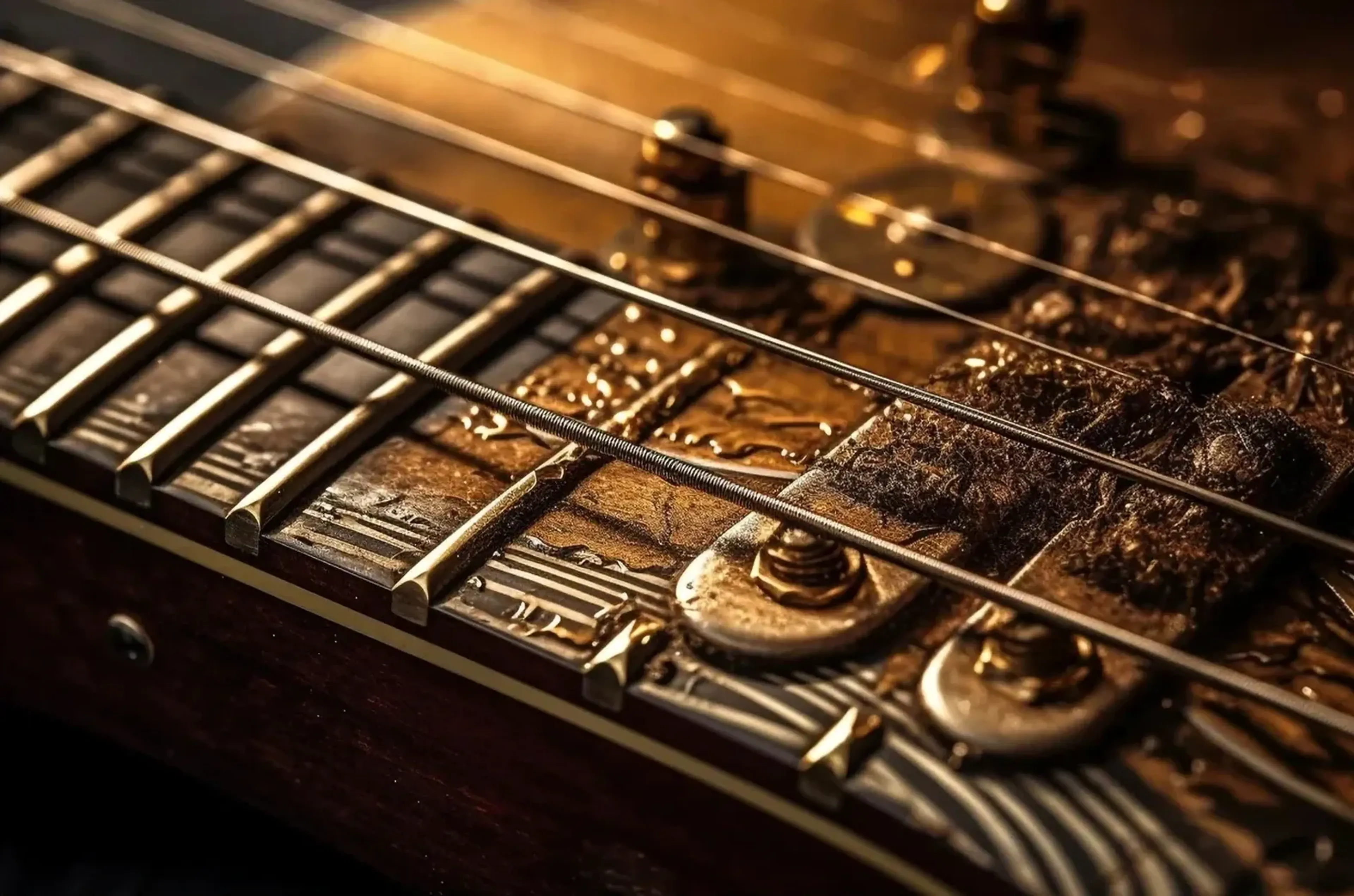 Gitarrensaiten verlaufen über Bundstäbe und reliefartige Verzierungen in warmen Braun- und Goldtönen.